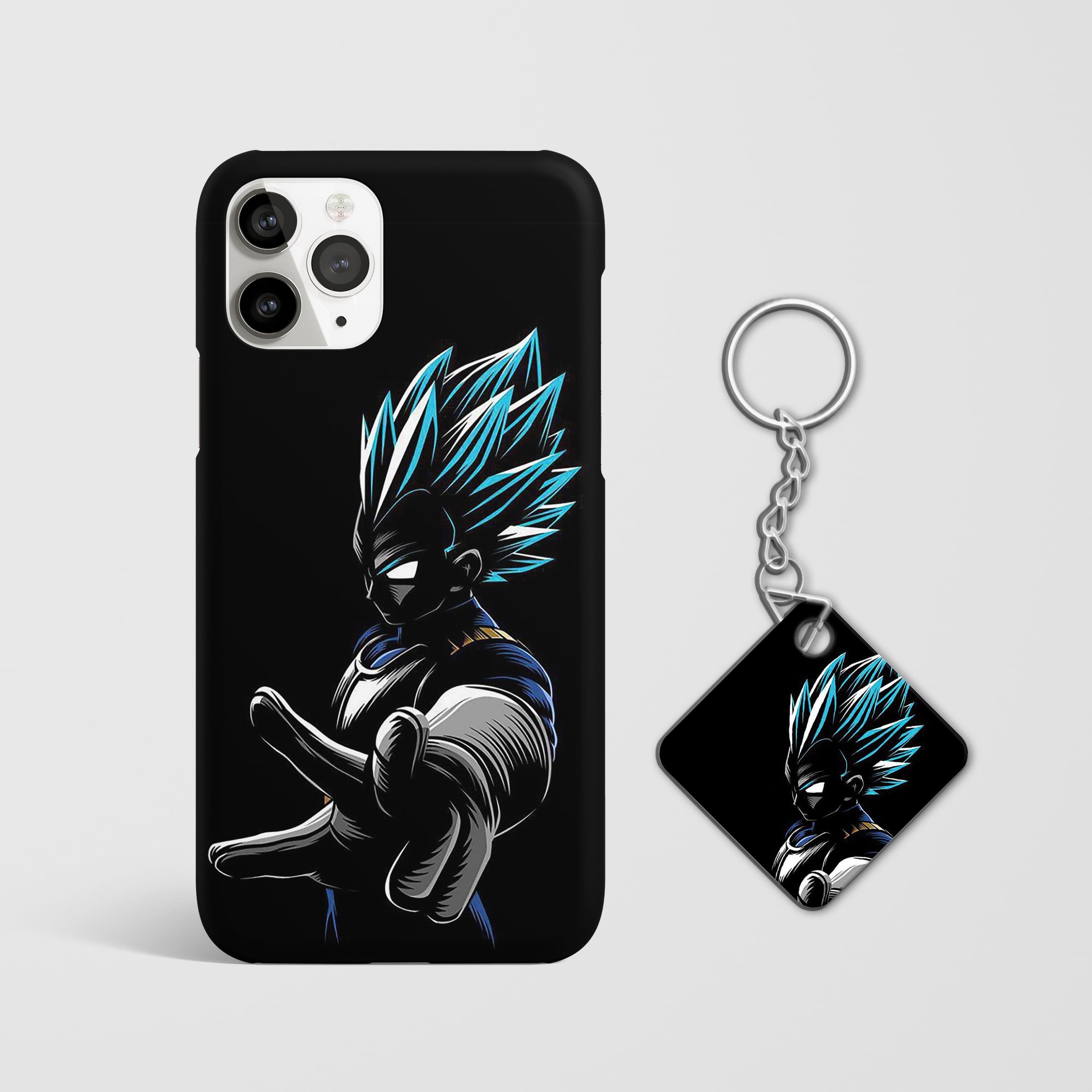 Close-up of the simple yet striking Vegeta design on phone case with Keychain.