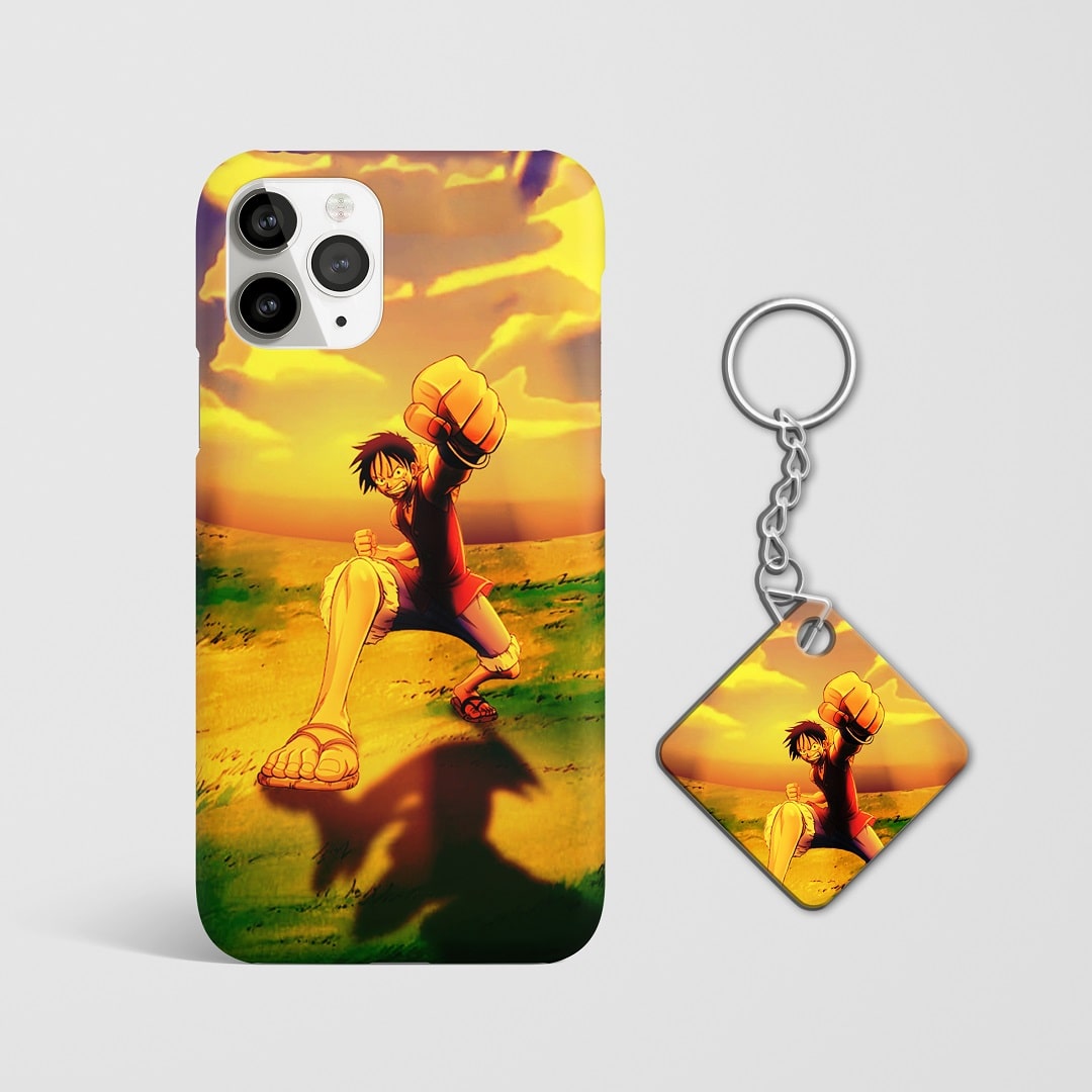 Close-up of Monkey D Luffy Action Phone Cover, showcasing detailed graphics of Luffy with Keychain.
