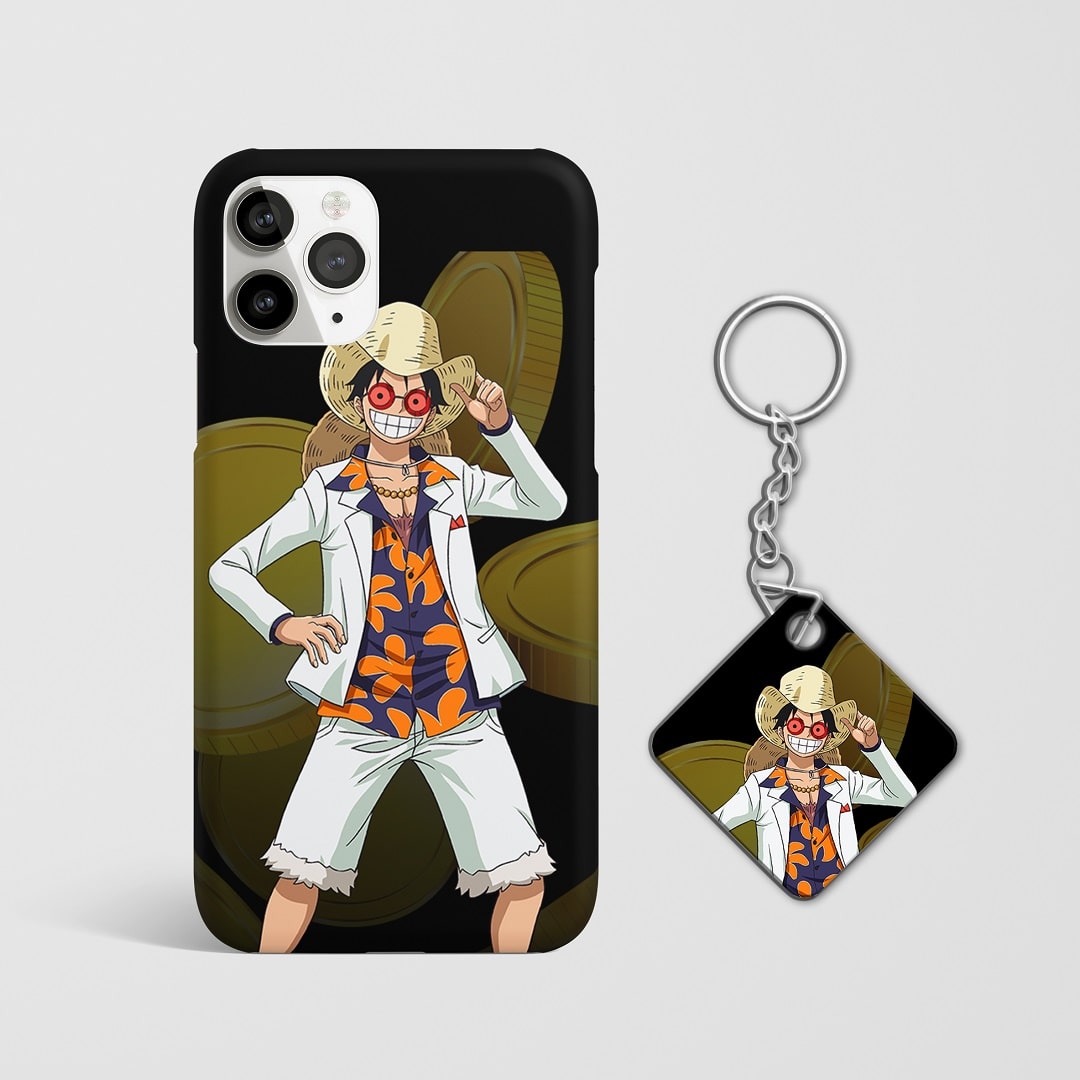 Close-up of Monkey D Luffy Casino Phone Cover, showcasing detailed casino-themed graphics with Keychain.