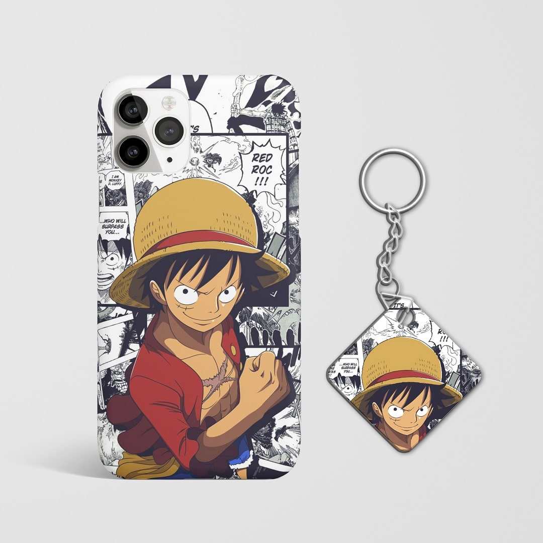 Close-up of Monkey D Luffy Manga Phone Cover, highlighting the detailed manga design with Keychain.