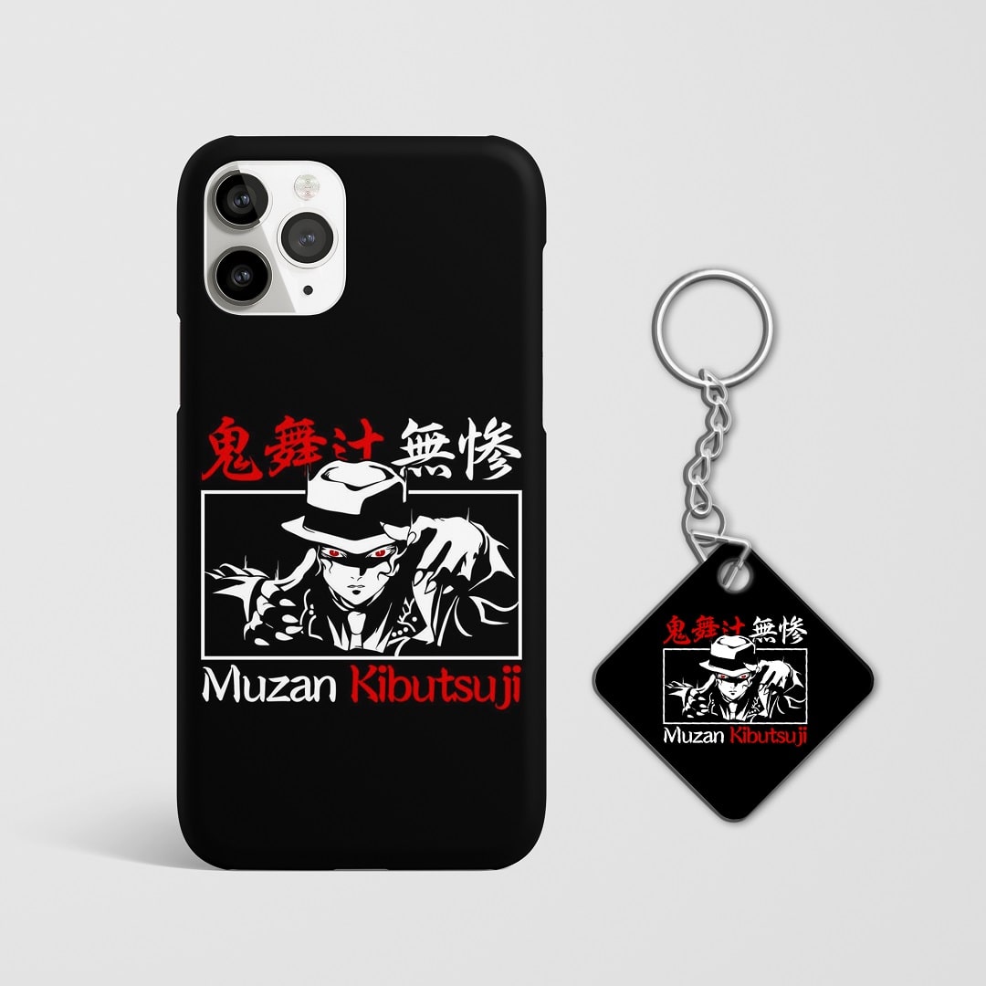 Close-up of Muzan Kibutsuji’s intense expression in black and white on phone case with Keychain.