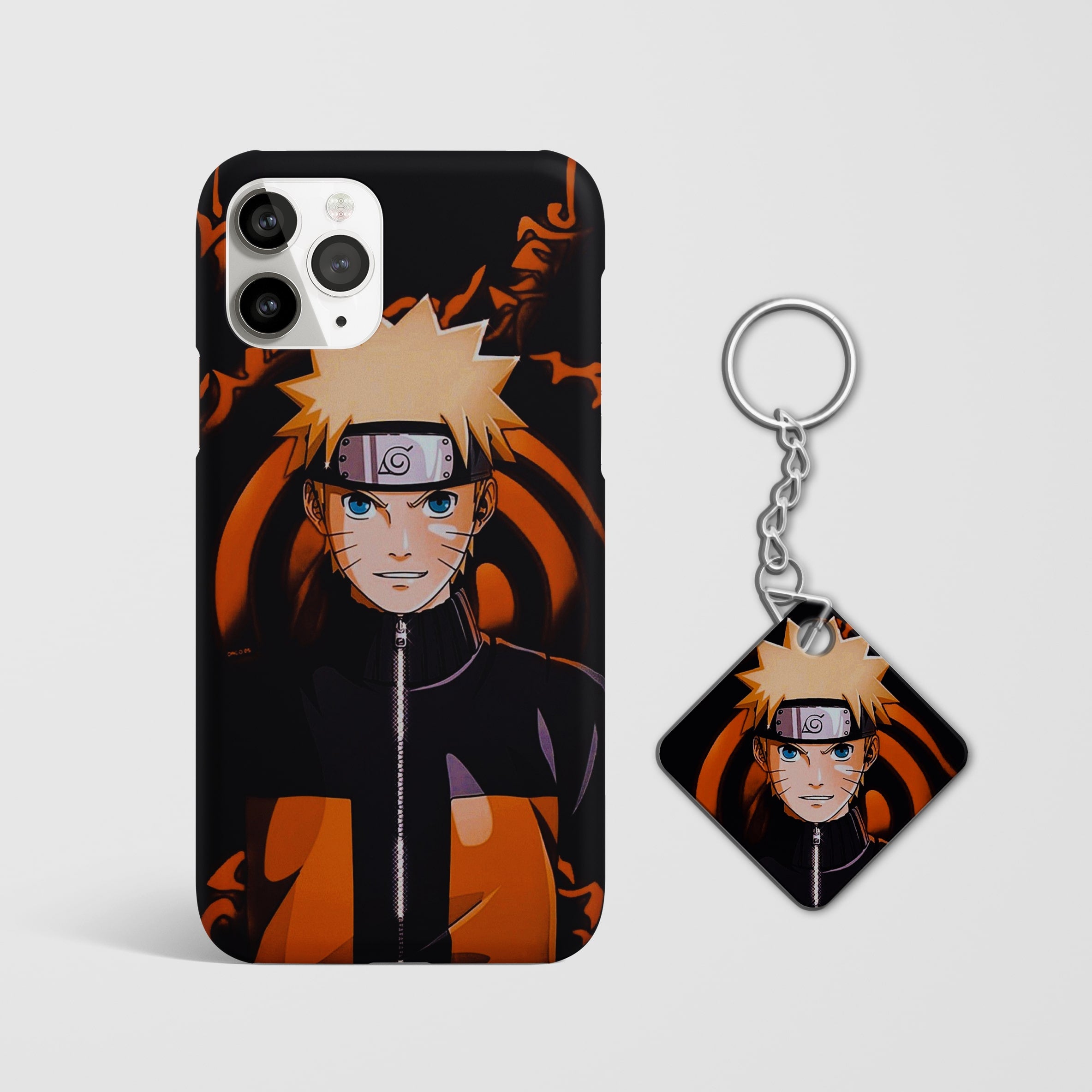 Close-up of the Naruto Orange Black Phone Cover, showcasing the detailed 3D matte design with Keychain.