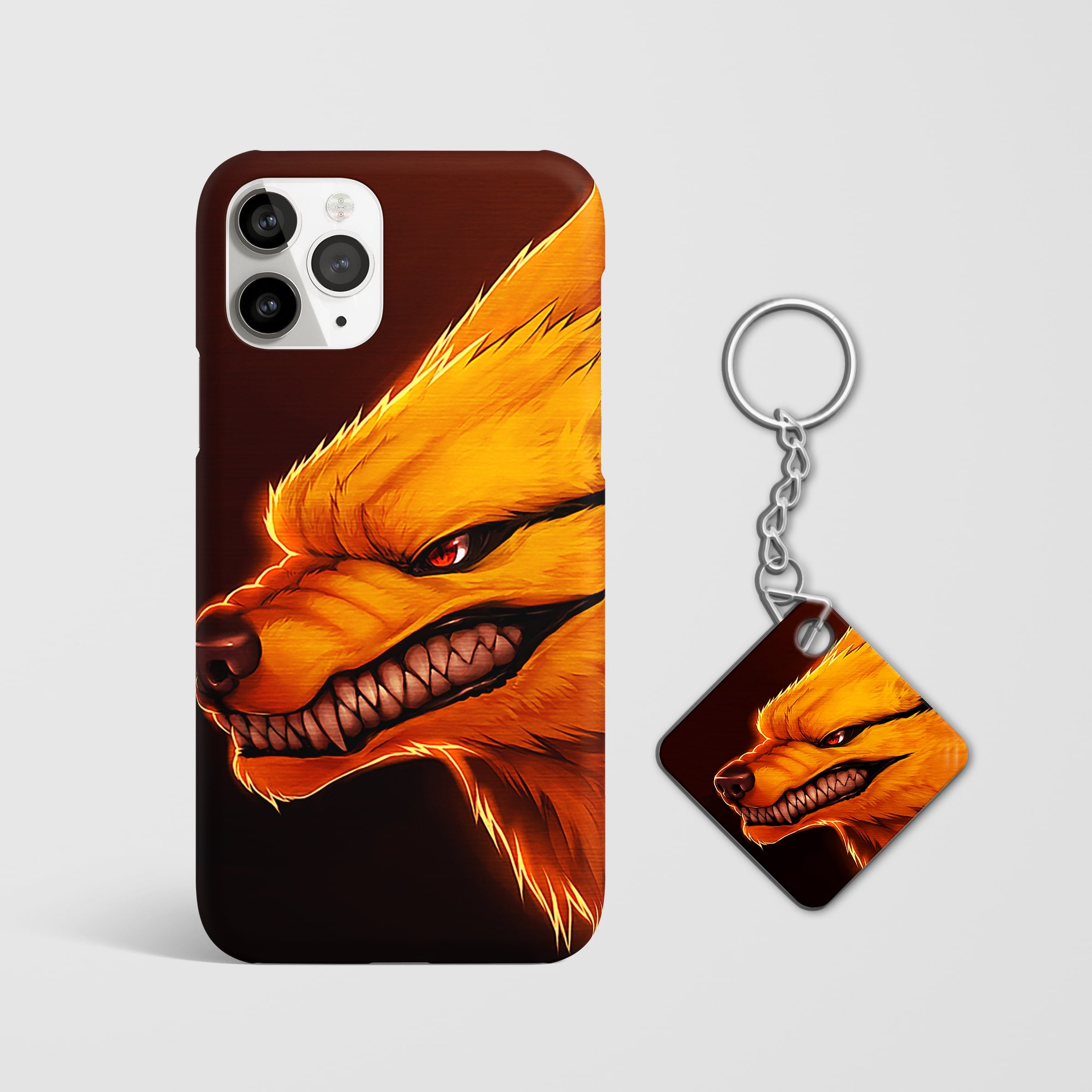Close-up of the Nine Tailed Fox Phone Cover, showcasing the intricate 3D matte design of Kurama with Keychain.