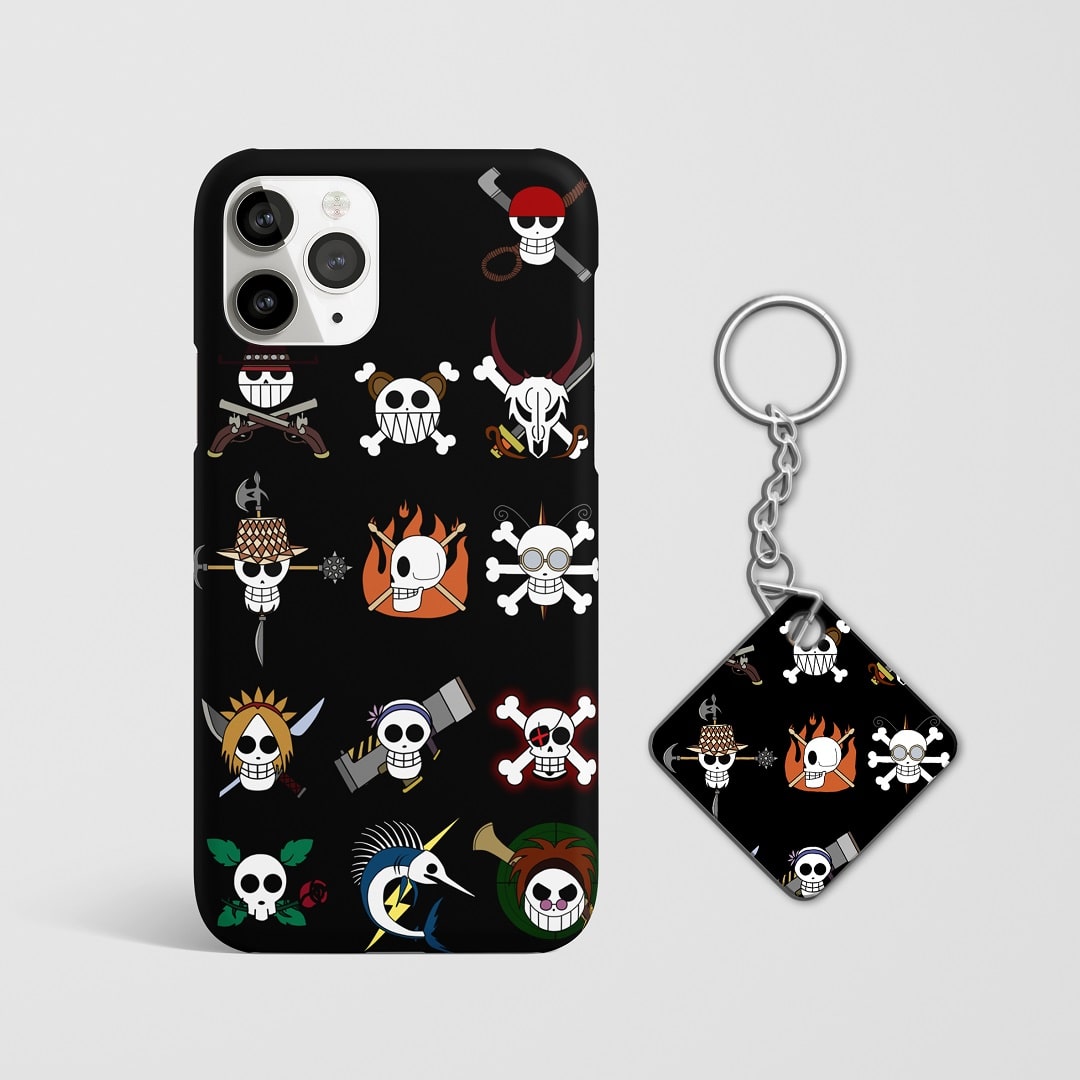 Close-up of One Piece Pirate Symbols Phone Cover, highlighting detailed symbols with Keychain.