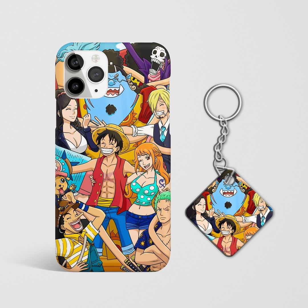Close-up of One Piece Straw Hat Crew Phone Cover, highlighting vibrant artwork with Keychain.