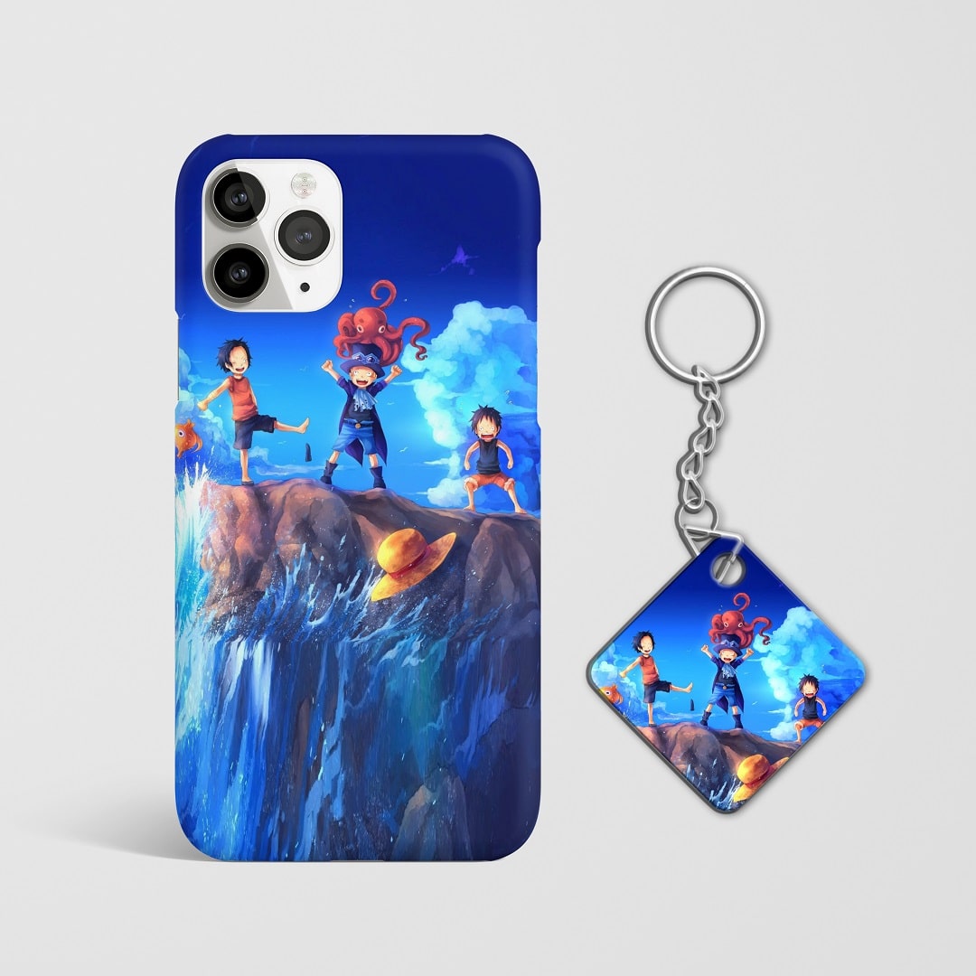Close-up of One Piece Sworn Brothers Phone Cover, featuring Luffy, Ace, and Sabo with Keychain