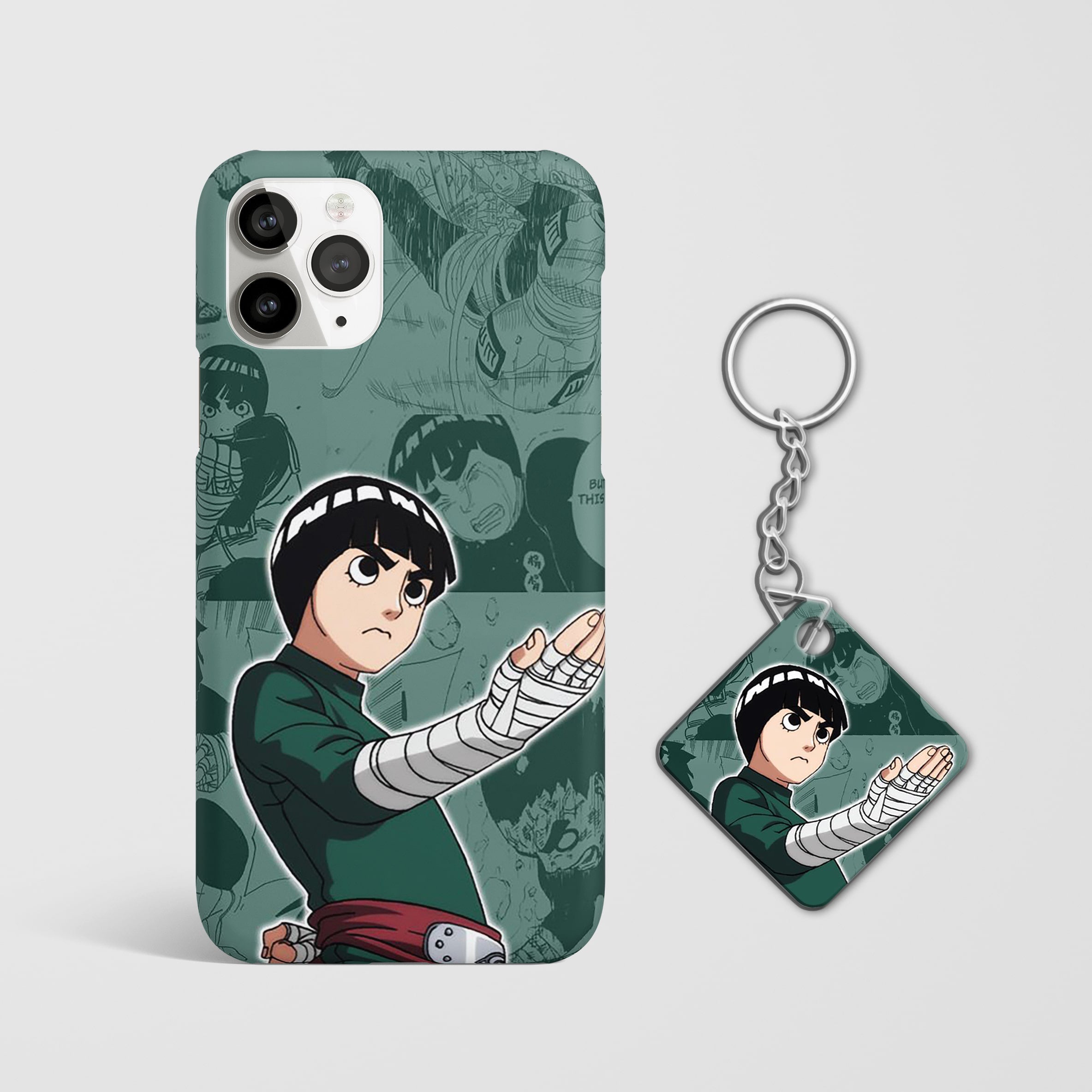 Close-up of the Rock Lee Manga Phone Cover, showcasing the intricate 3D matte design with Keychain.
