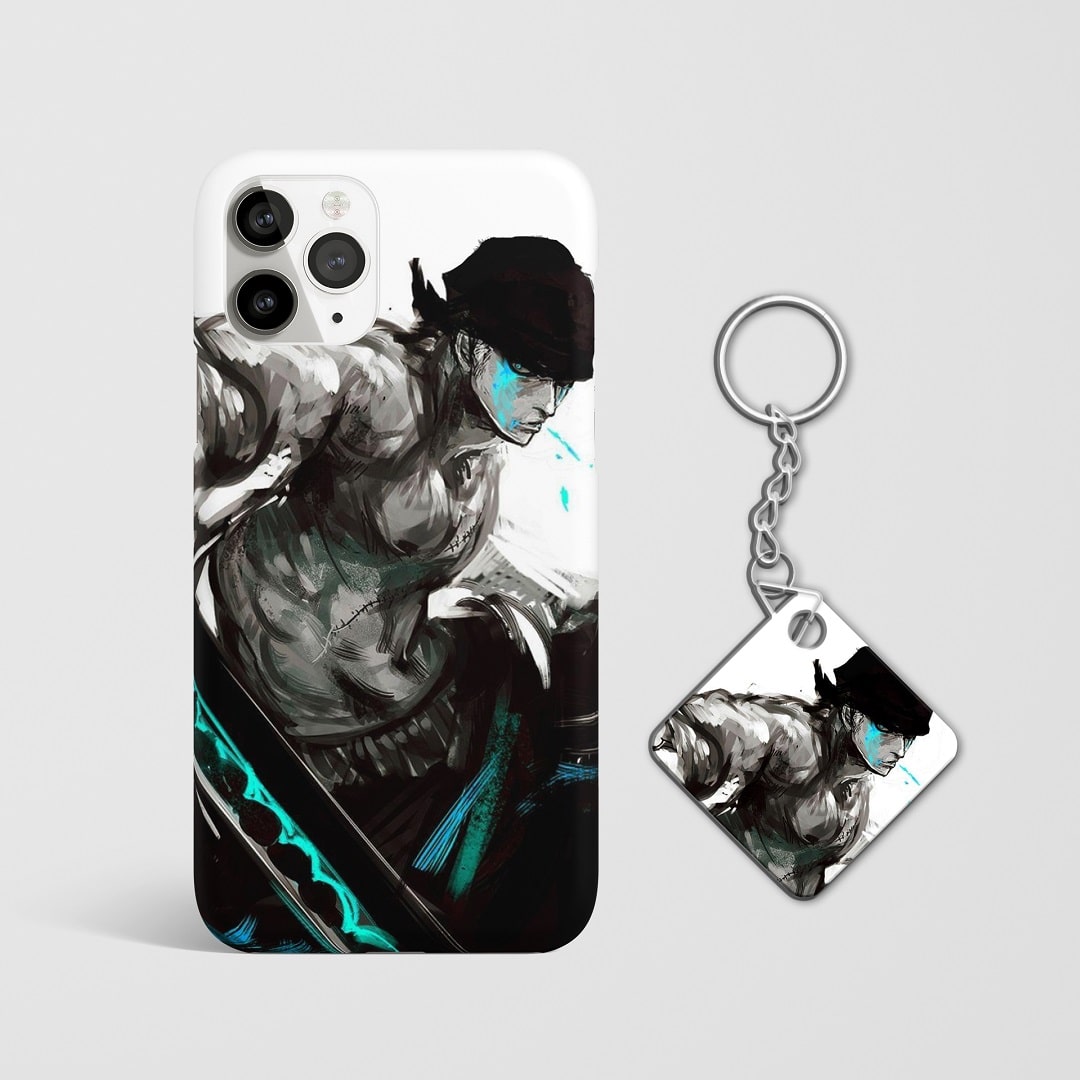 Close-up of Roronoa Zoro Action Phone Cover showing detailed design with Keychain.