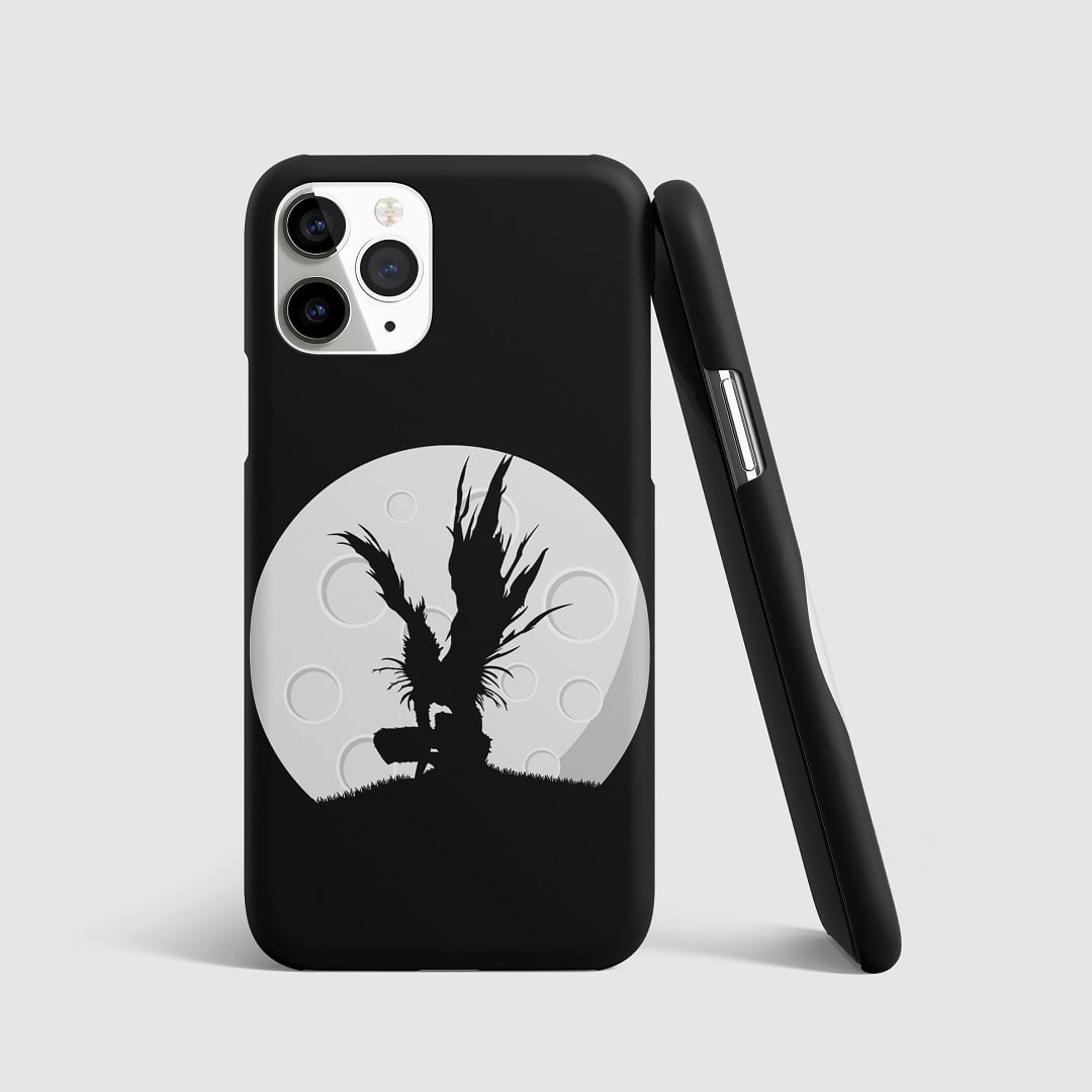 Striking black and white artwork of Ryuk from "Death Note" on phone cover.