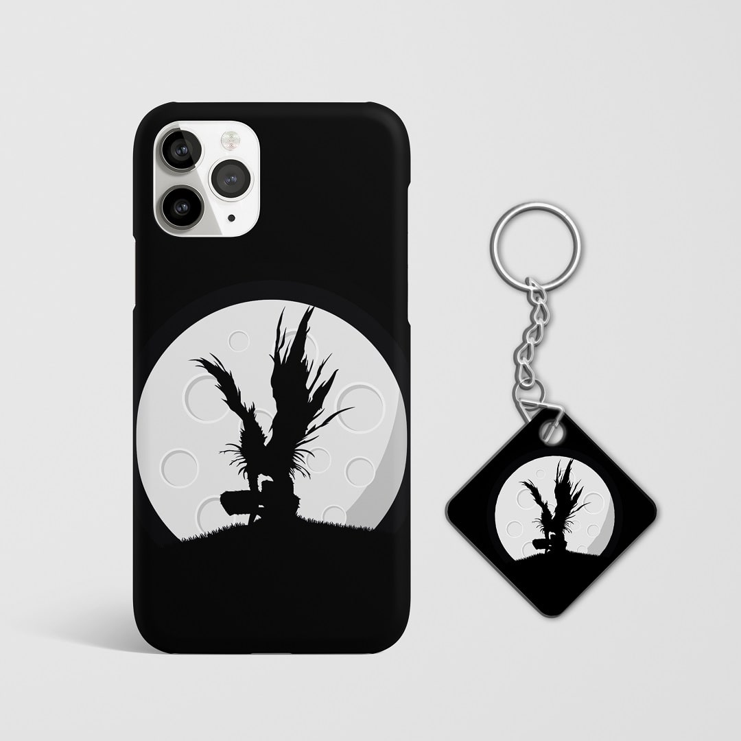 Close-up of Ryuk’s mischievous expression in black and white on phone case with Keychain.