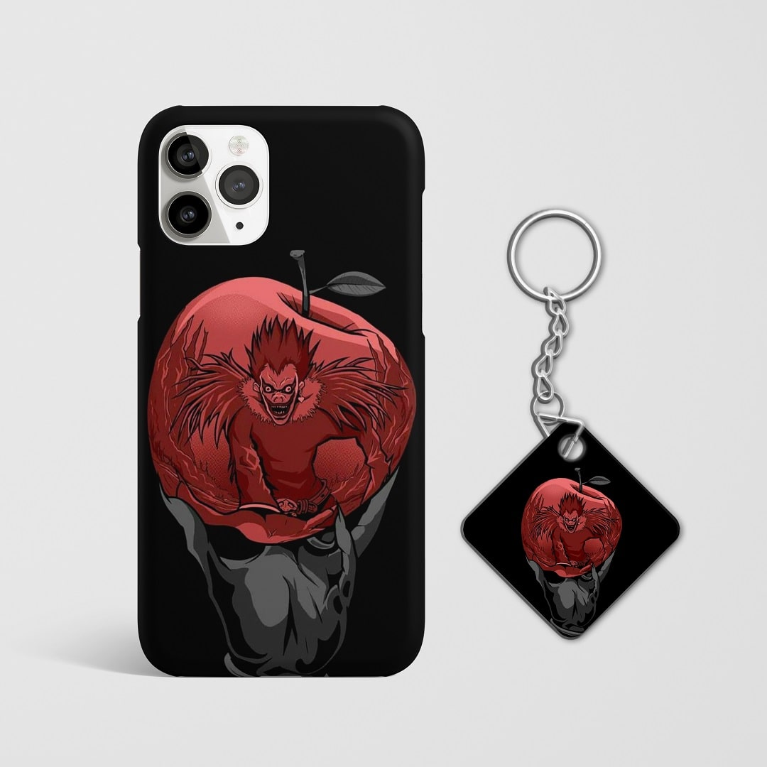 Close-up of Ryuk’s mischievous expression with the apple on phone case with Keychain.