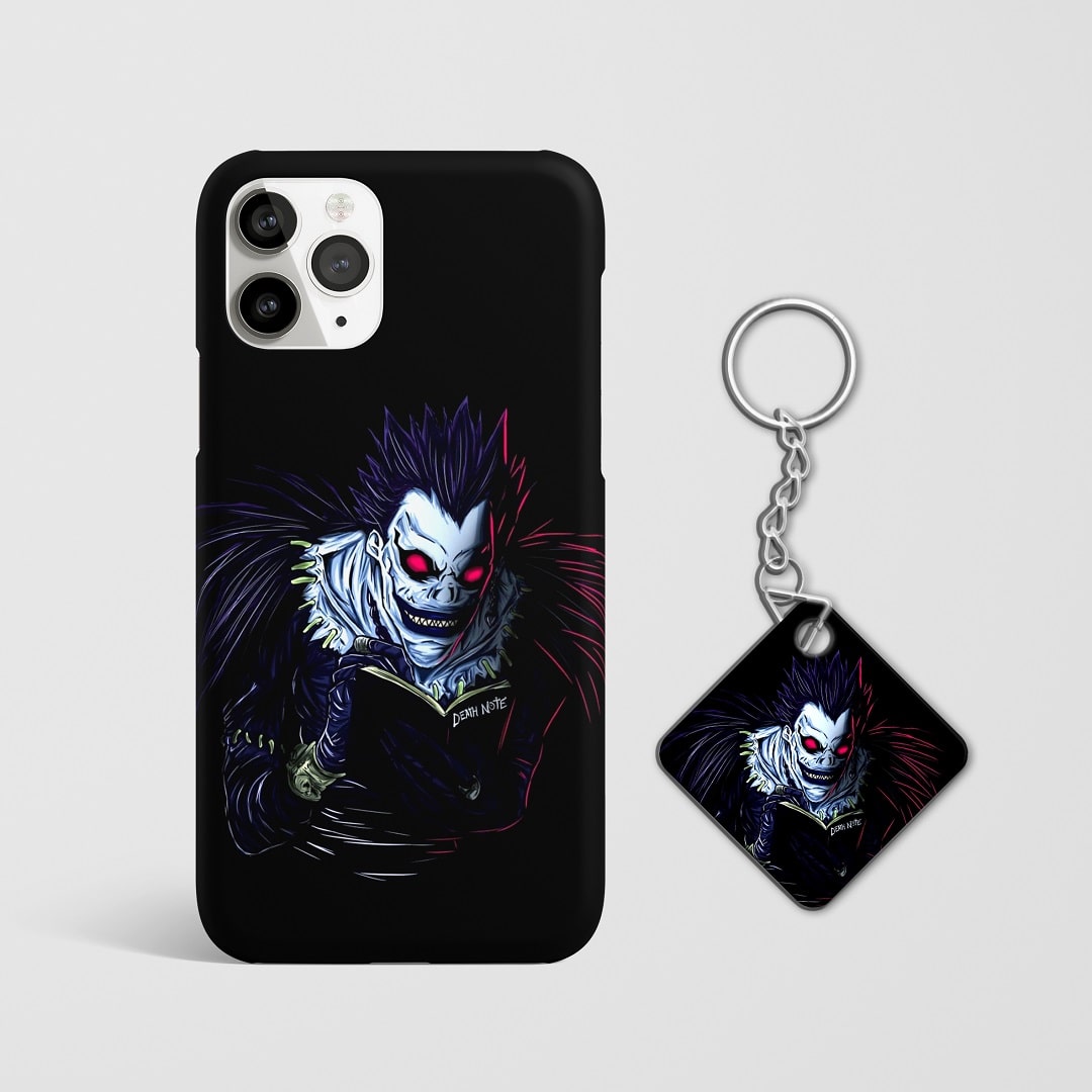 Close-up of Ryuk’s mischievous expression on phone case with Keychain.