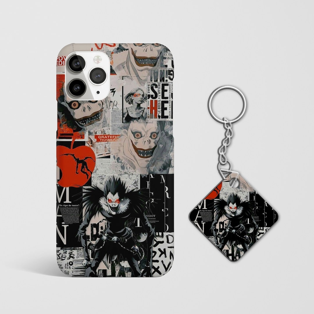 Close-up of Ryuk’s mischievous expression in manga style on phone case with Keychain.