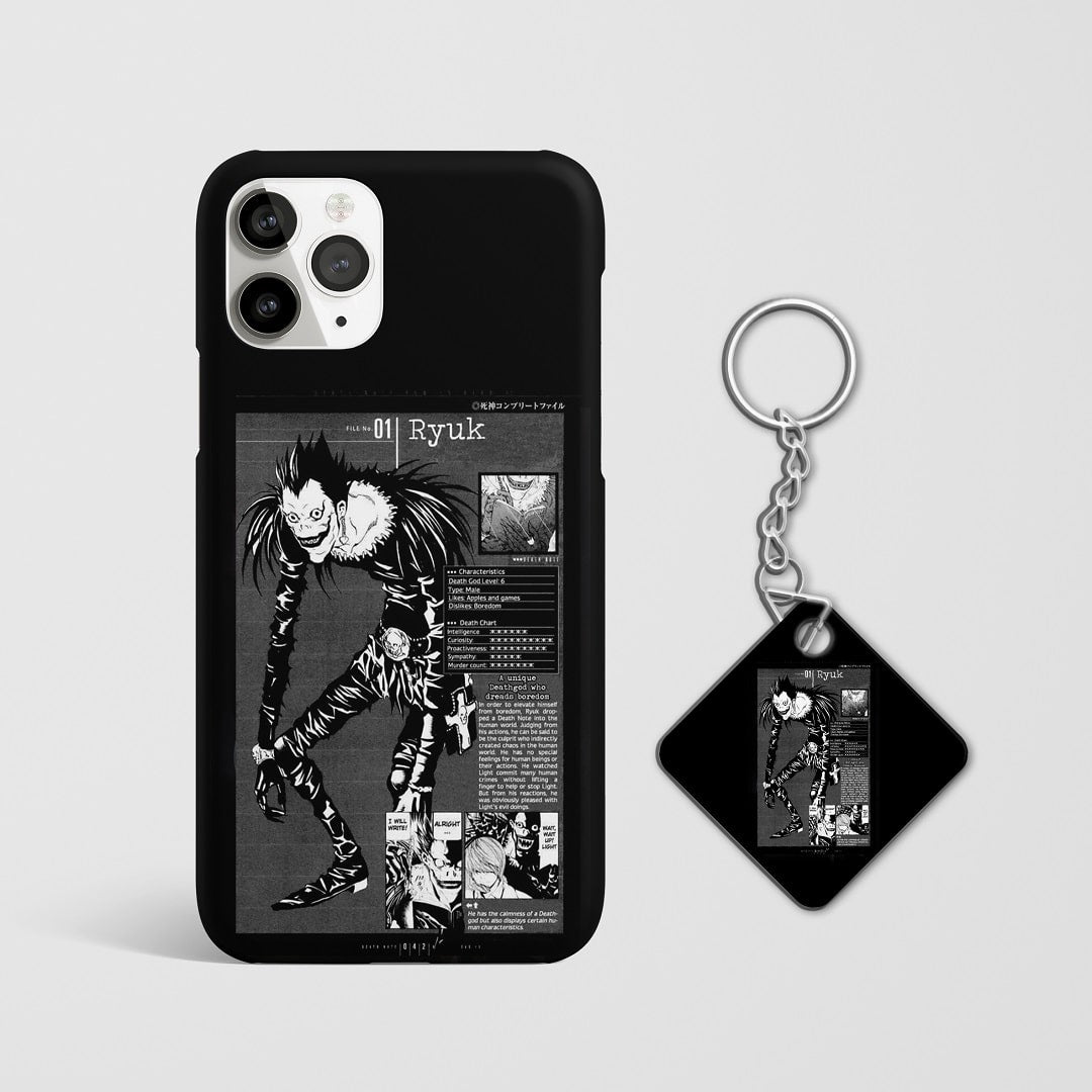 Close-up of Ryuk’s mischievous expression in retro style on phone case with Keychain.
