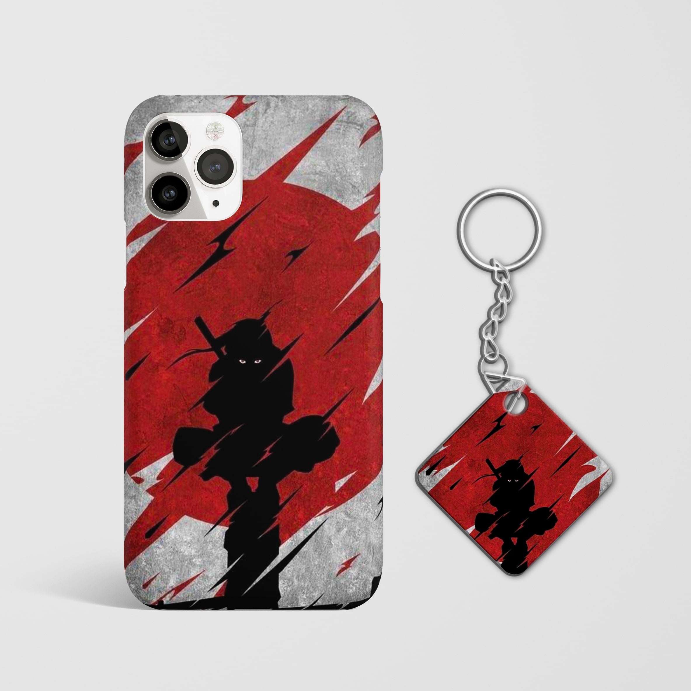 Close-up of the Sasuke Uchiha Clan Phone Cover, showcasing the intricate 3D matte design with Keychain.