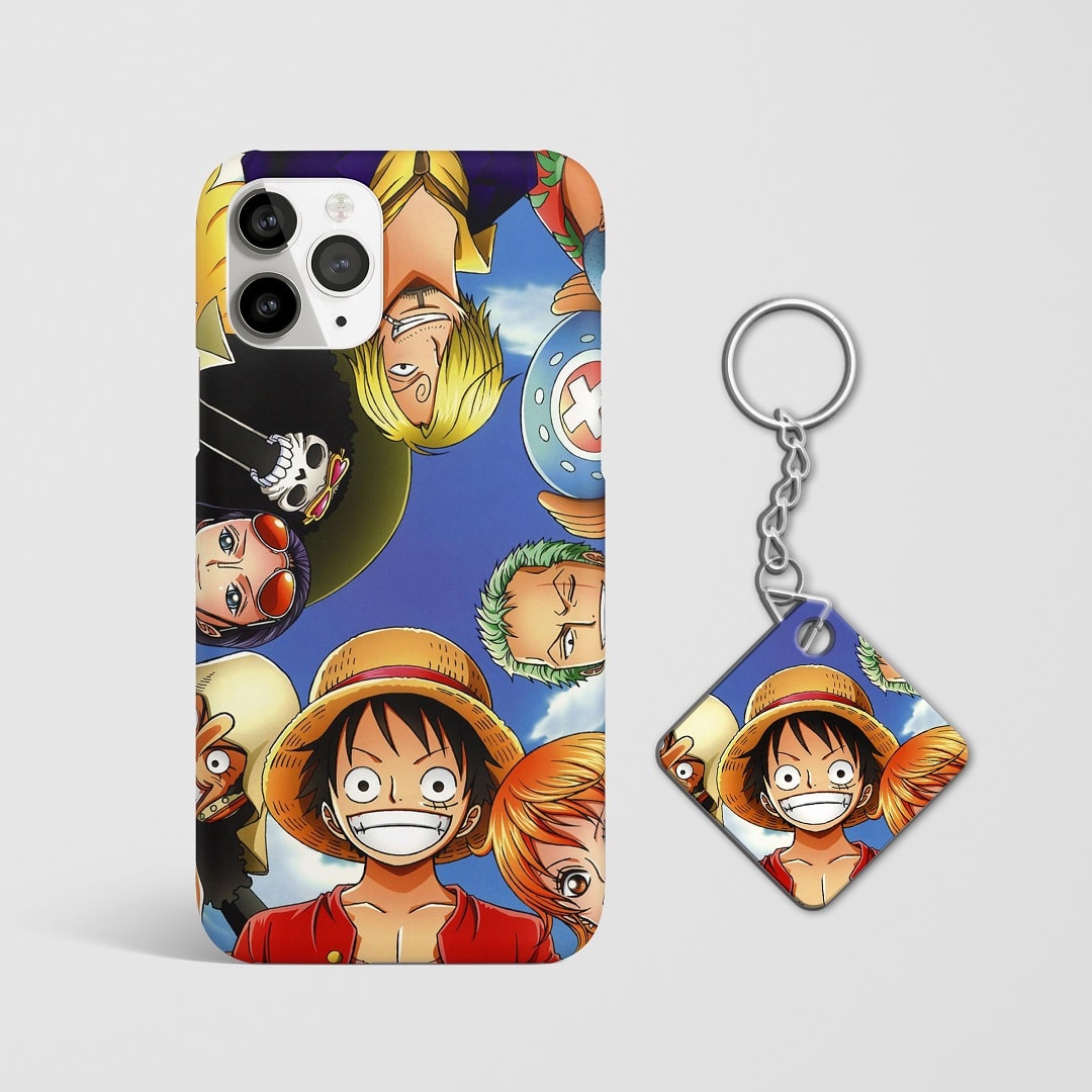 Close-up of Straw Hat Crew Phone Cover showing detailed character designs with Keychain.