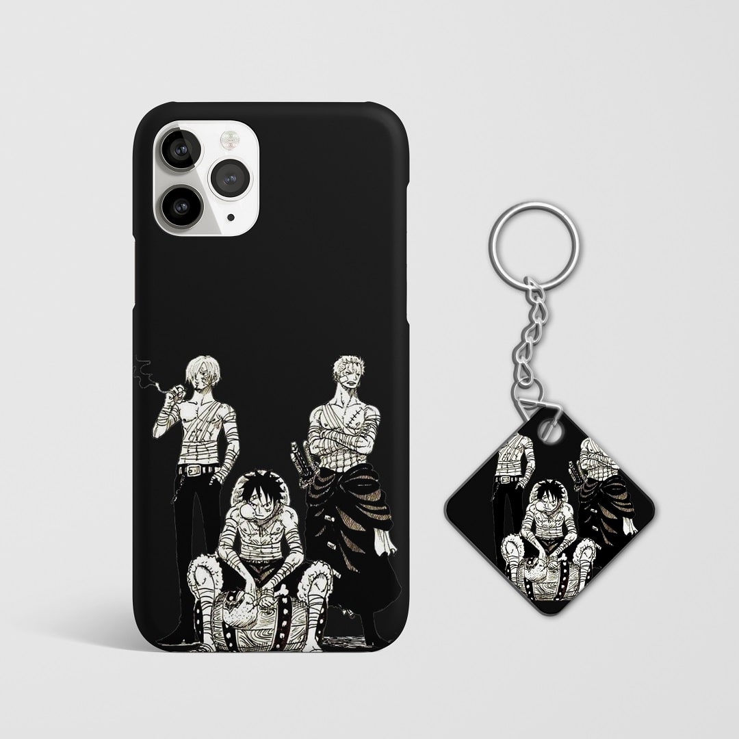 Close-up of the Straw Hat Trio Phone Cover with detailed artwork of Luffy, Zoro, and Nami with Keychain.
