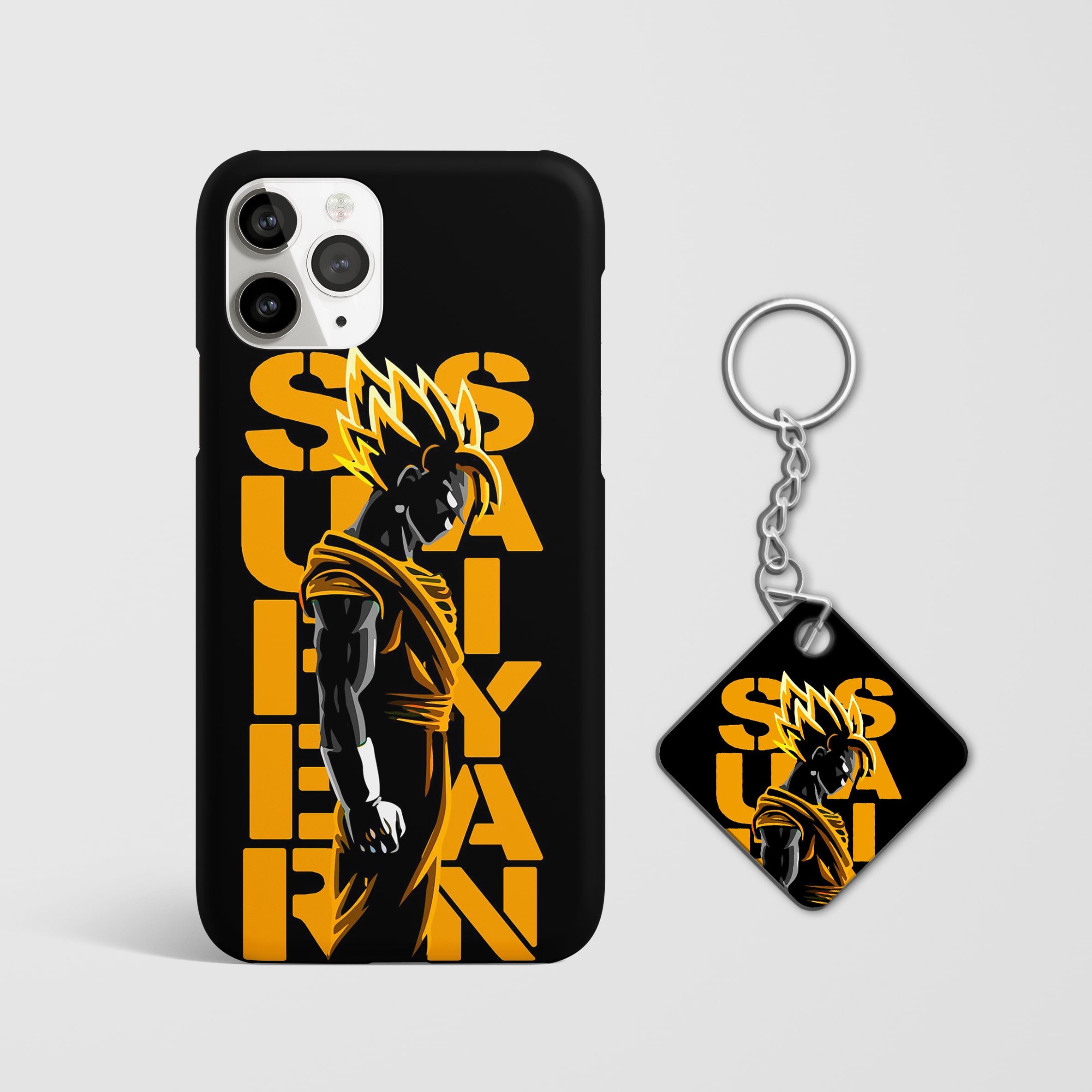 Close-up of Super Saiyan power unleashed on a phone case with Keychain.