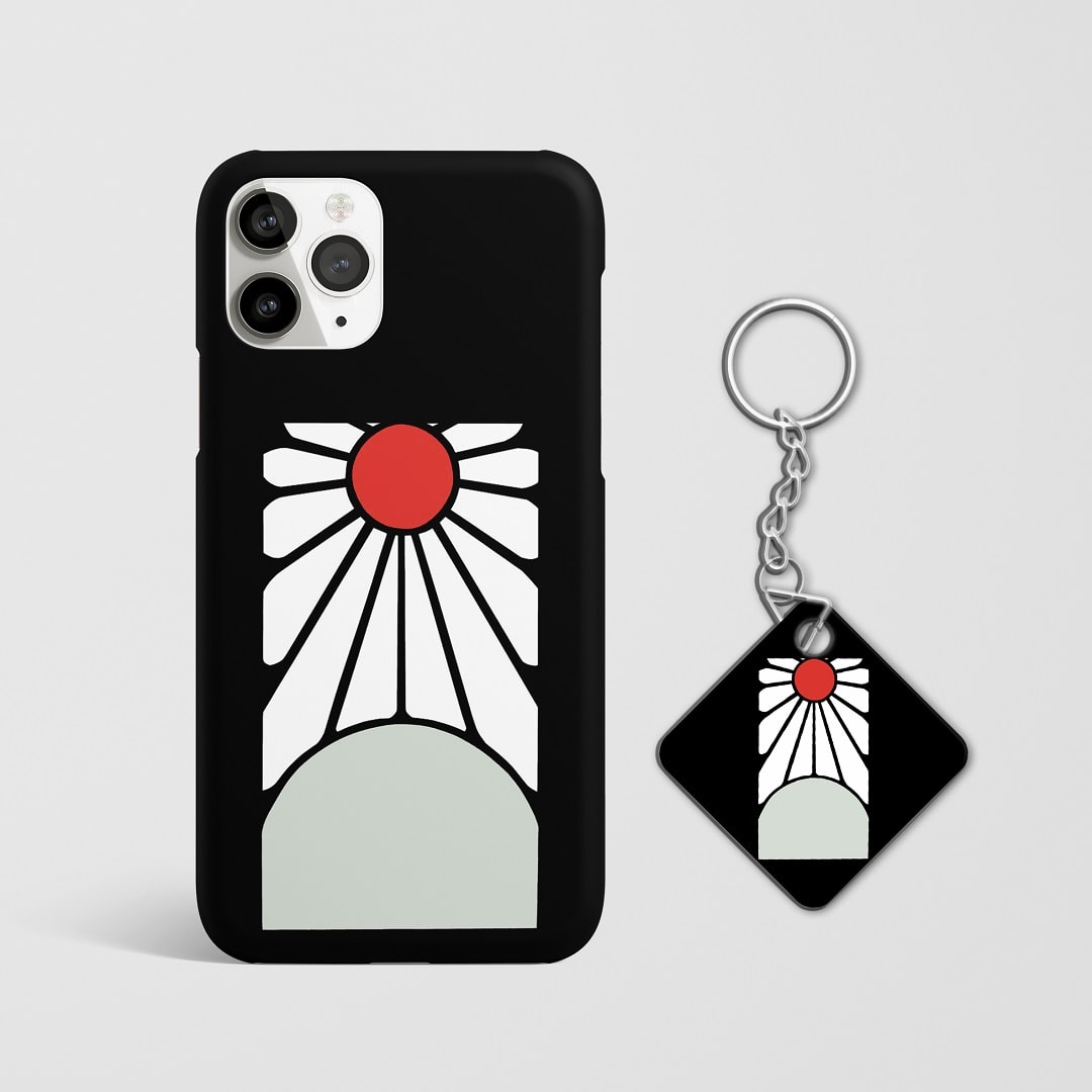 Close-up of Tanjiro’s earrings design on phone case with Keychain.