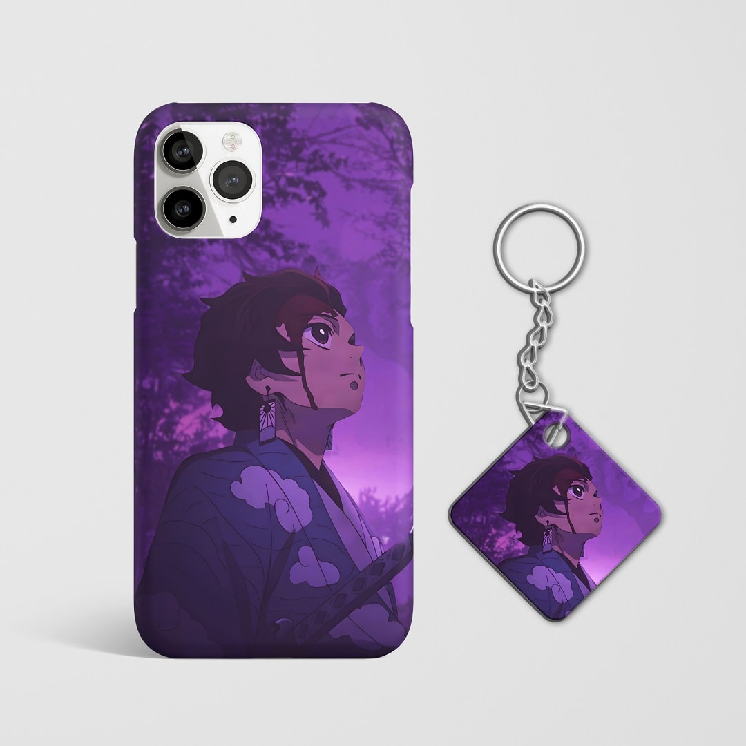Close-up of Tanjiro Kamado’s determined expression on phone case with Keychain.