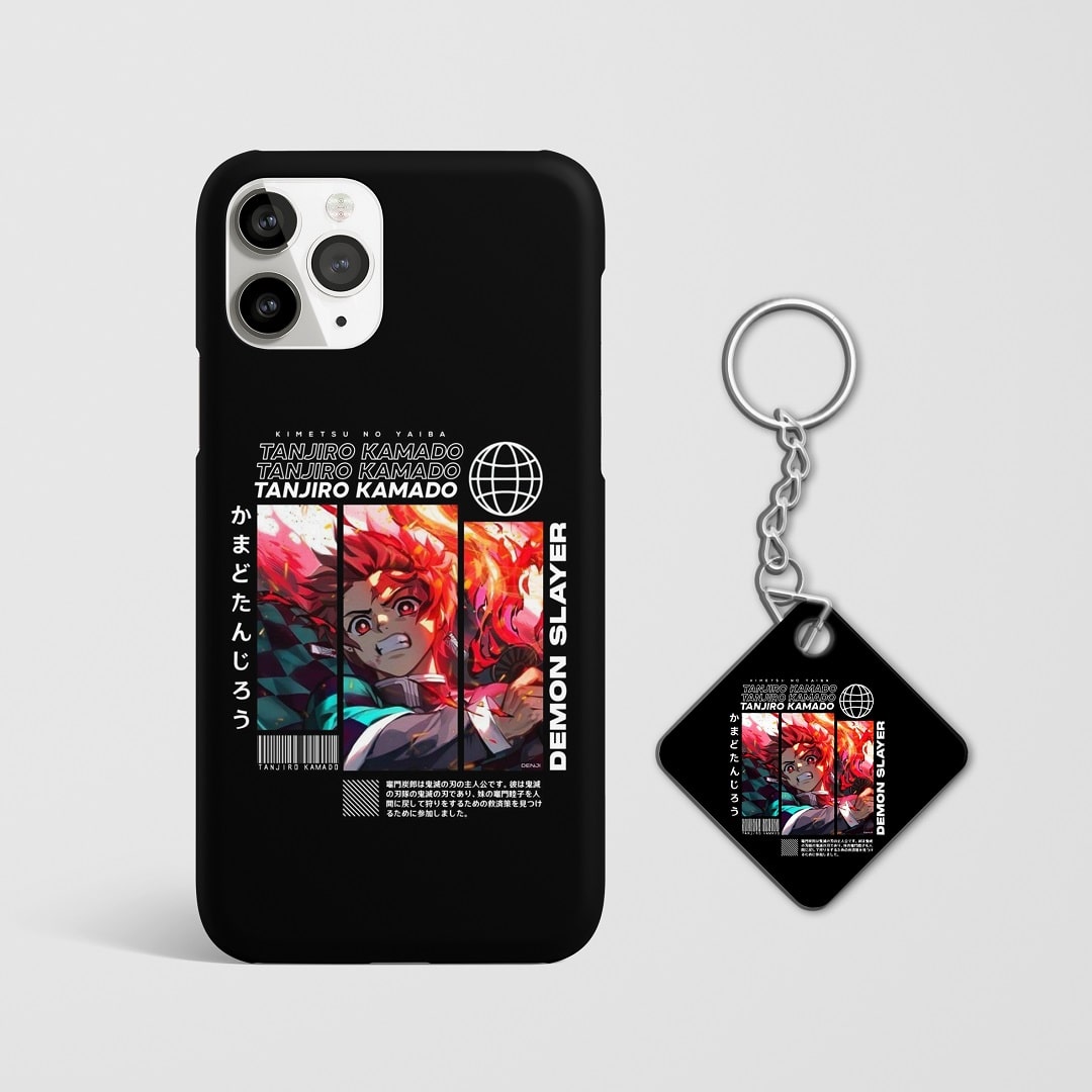 Close-up of Tanjiro Kamado’s determined expression in black and white on phone case with Keychain.