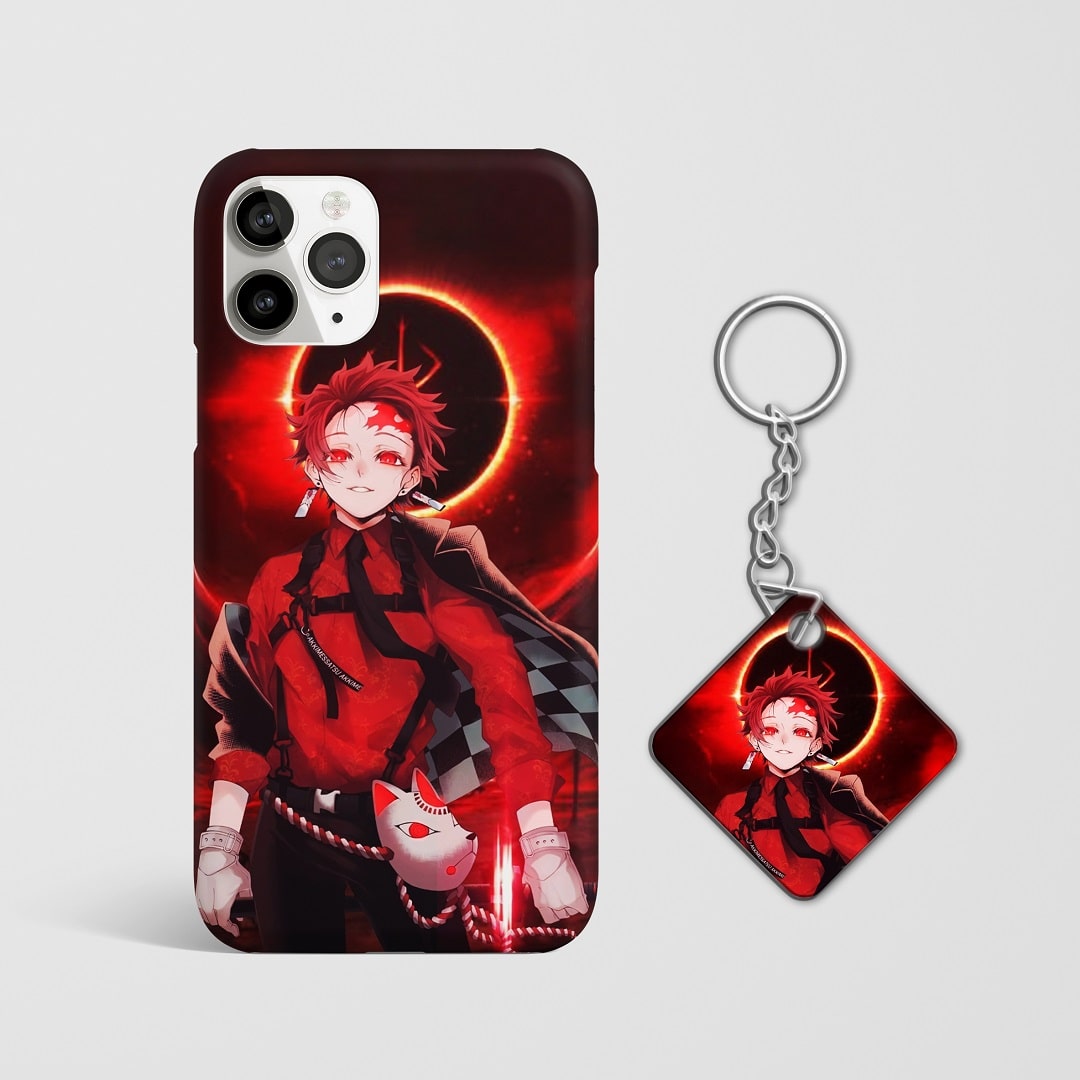 Close-up of Tanjiro Kamado’s determined expression on phone case with Keychain.