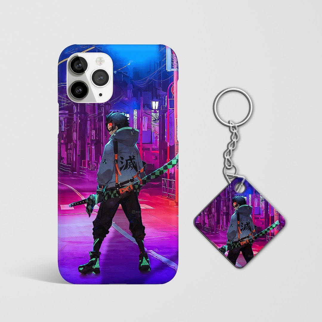 Close-up of Tanjiro Kamado’s determined expression in street-style art on phone case with Keychain.