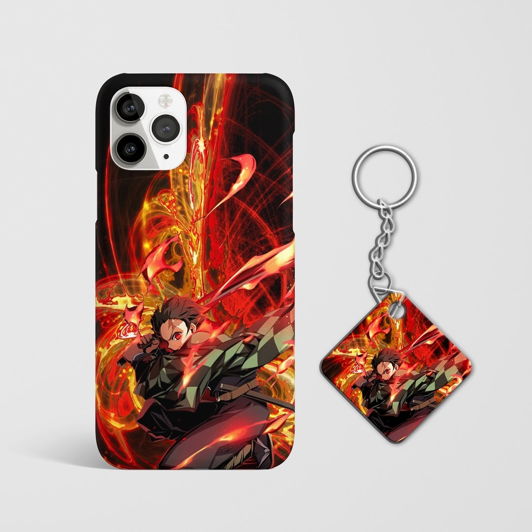 Close-up of Tanjiro Kamado’s intense expression with Sun Breathing technique on phone case with Keychain.