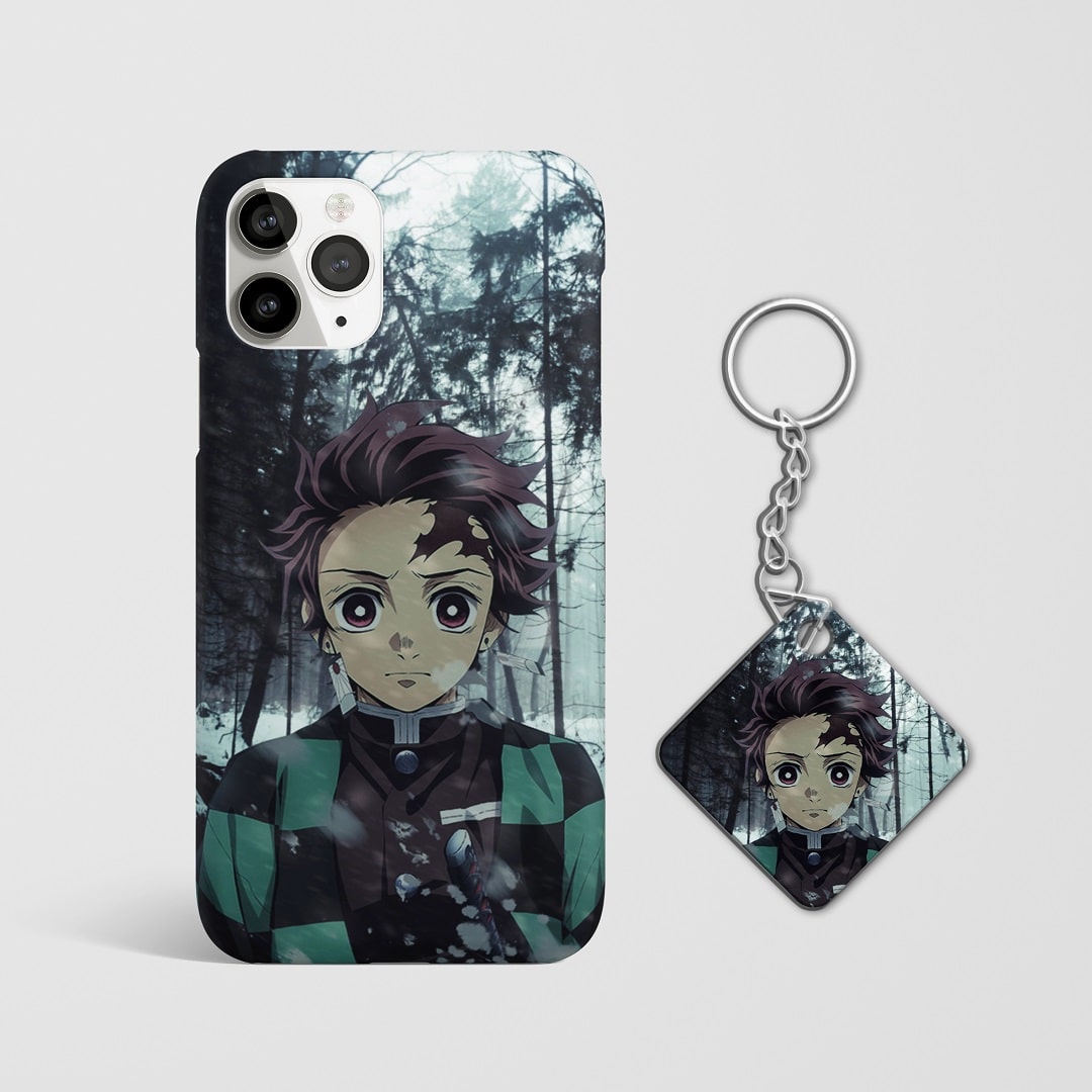 Close-up of Tanjiro Kamado’s calm expression in winter background on phone case with Keychain.