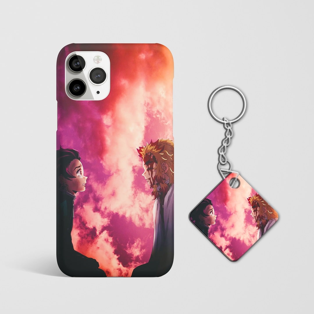 Close-up of Tanjiro and Rengoku’s determined expressions on phone case with Keychain.