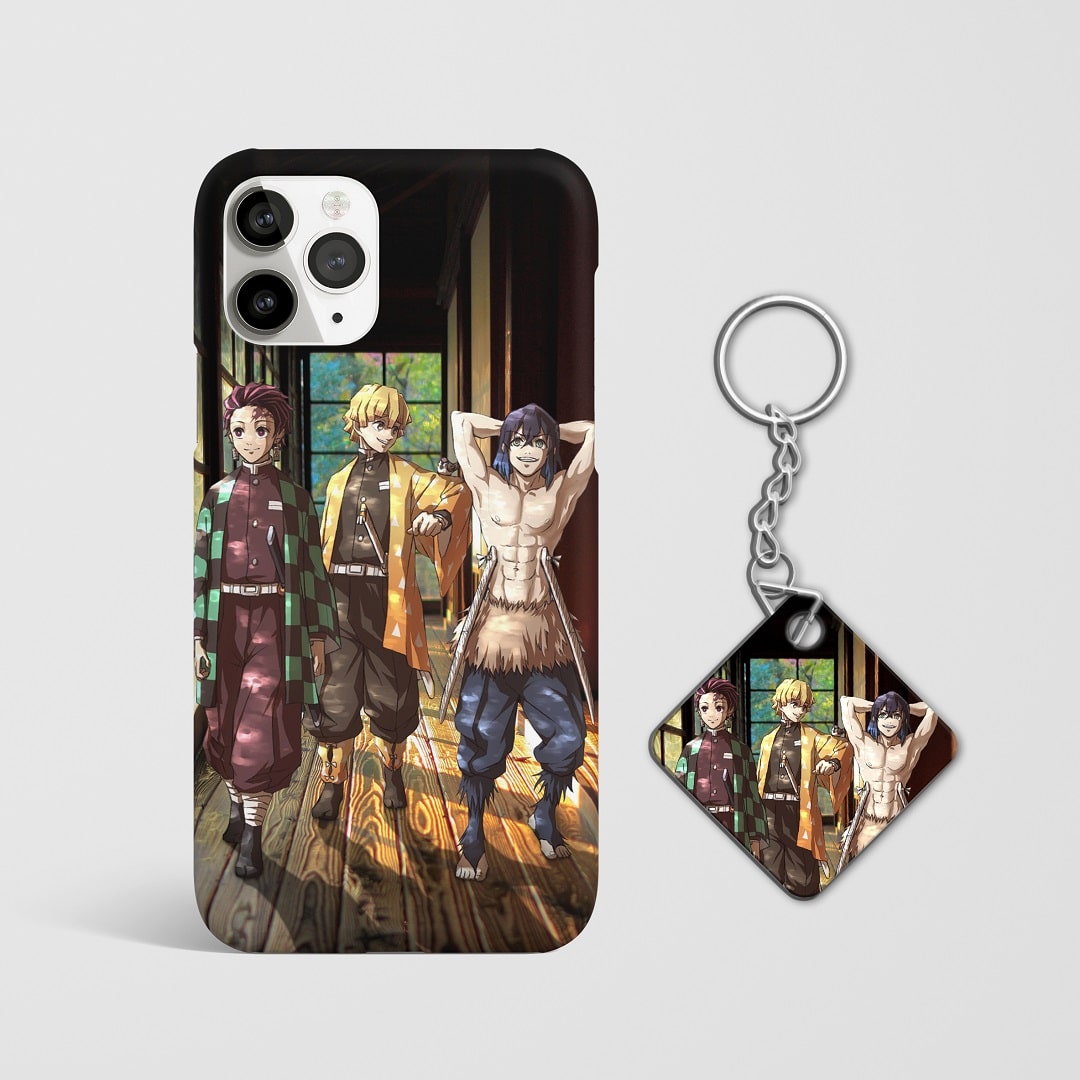 Close-up of Tanjiro, Zenitsu, and Inosuke’s determined expressions on phone case with Keychain.