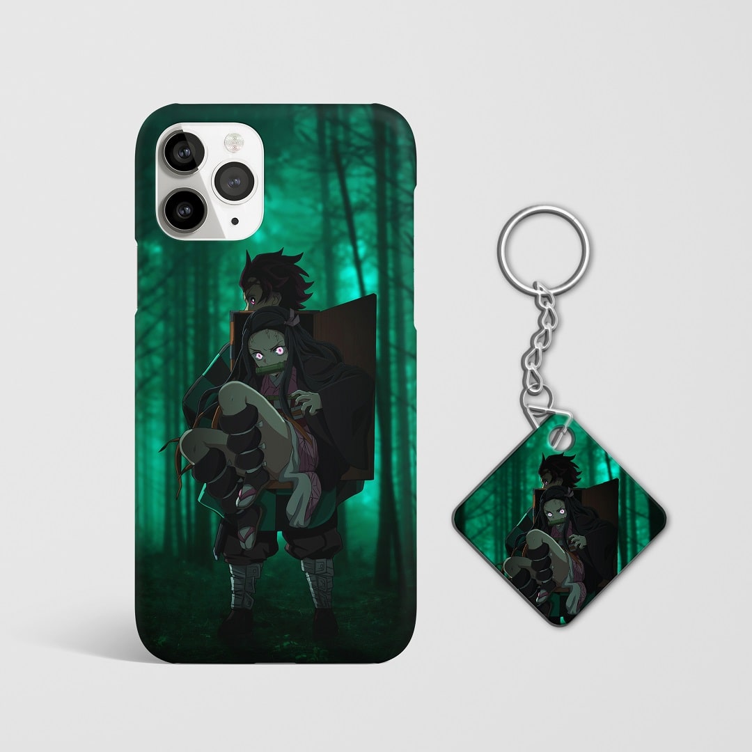 Close-up of Tanjiro and Nezuko’s determined expressions on phone case with Keychain.