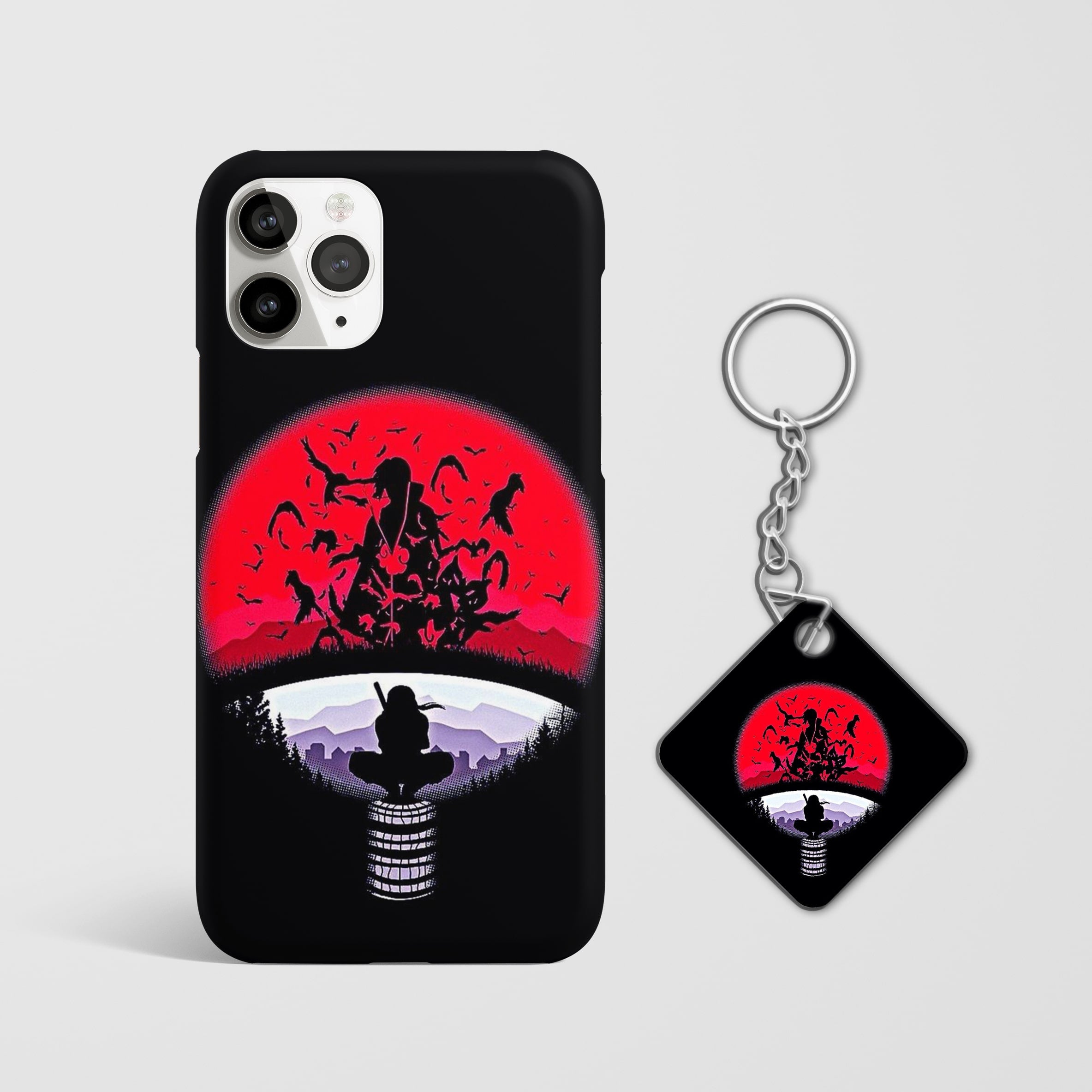 Close-up of the Uchiha Clan Symbol Phone Cover, highlighting the detailed 3D matte design with Keychain.
