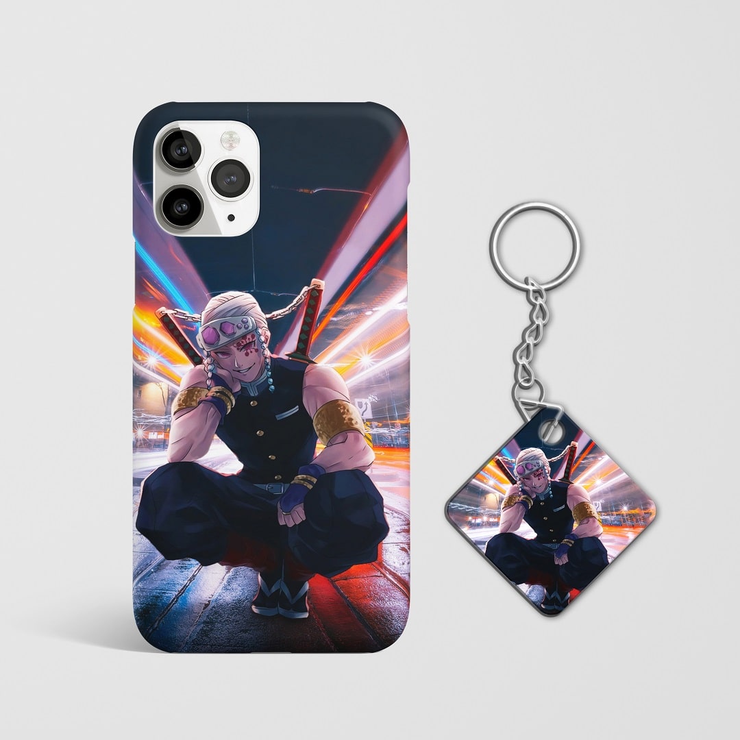 Close-up of Uzui Tengen’s intense expression on phone case with Keychain.