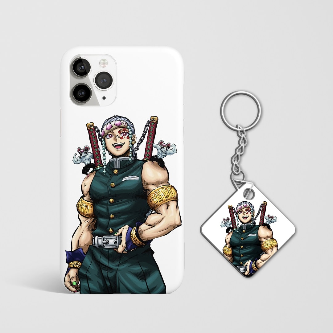Close-up of Uzui Tengen’s intense expression on white phone case with Keychain.