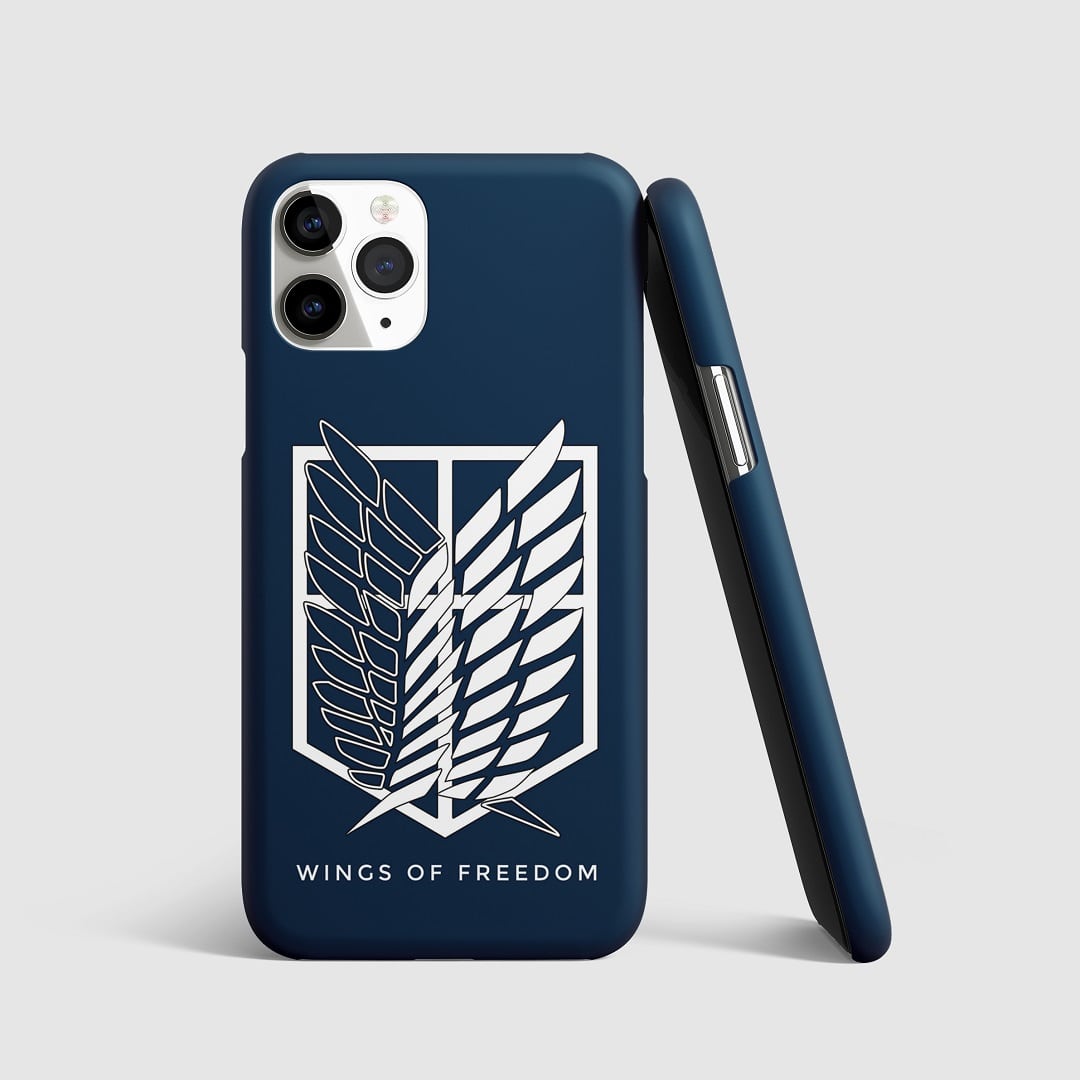 Iconic Wings of Freedom emblem from "Attack on Titan" on phone cover.