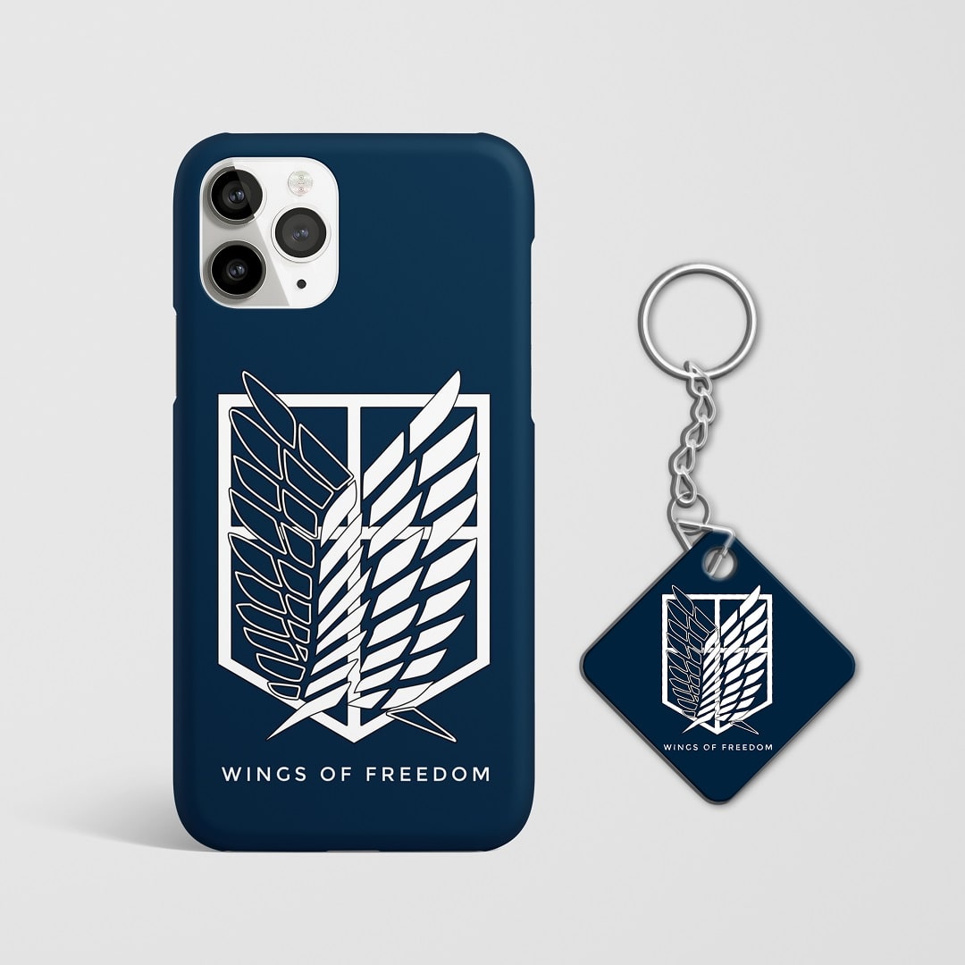 Close-up of the Wings of Freedom emblem on phone case with Keychain.
