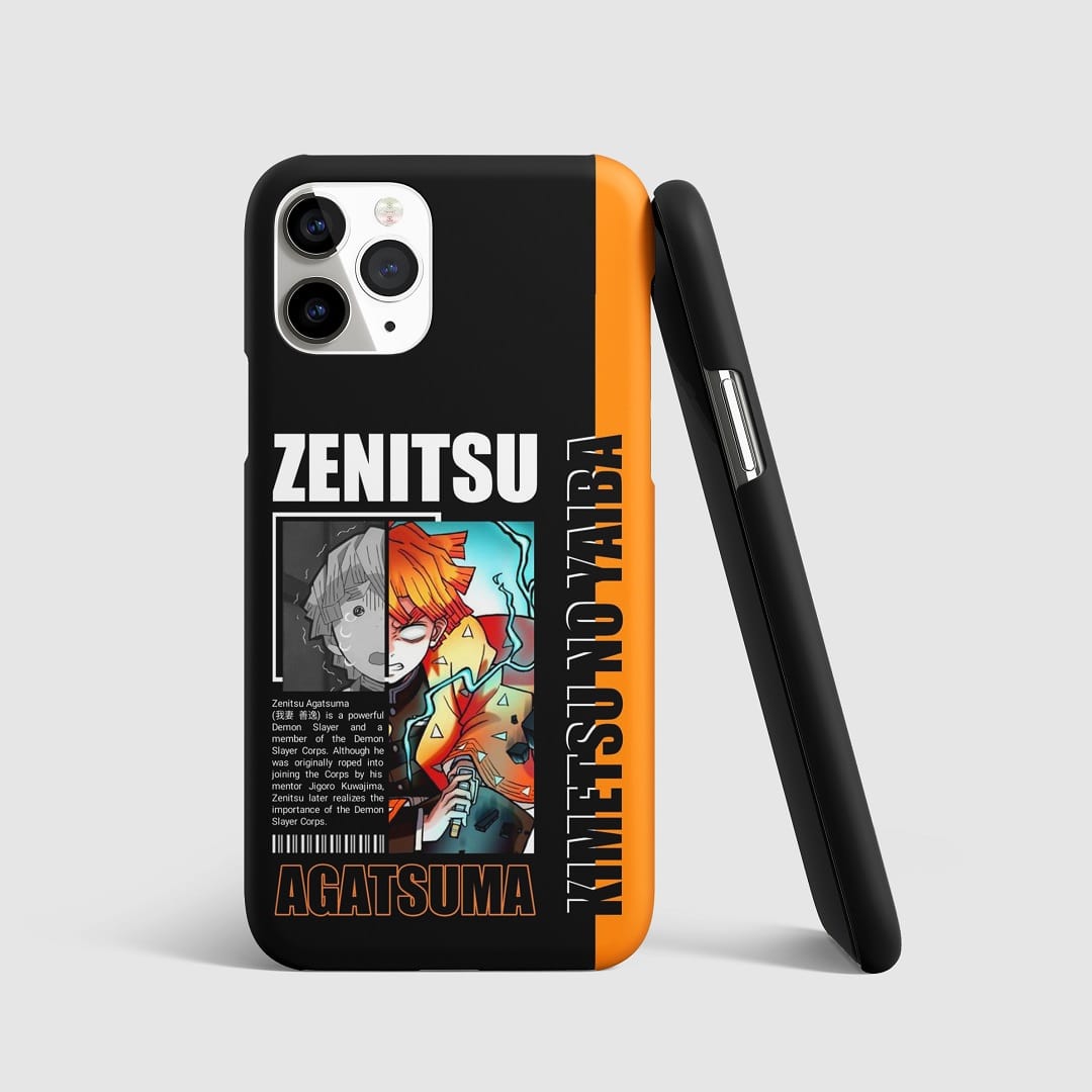 Striking artwork of Zenitsu Agatsuma on black and orange phone cover.