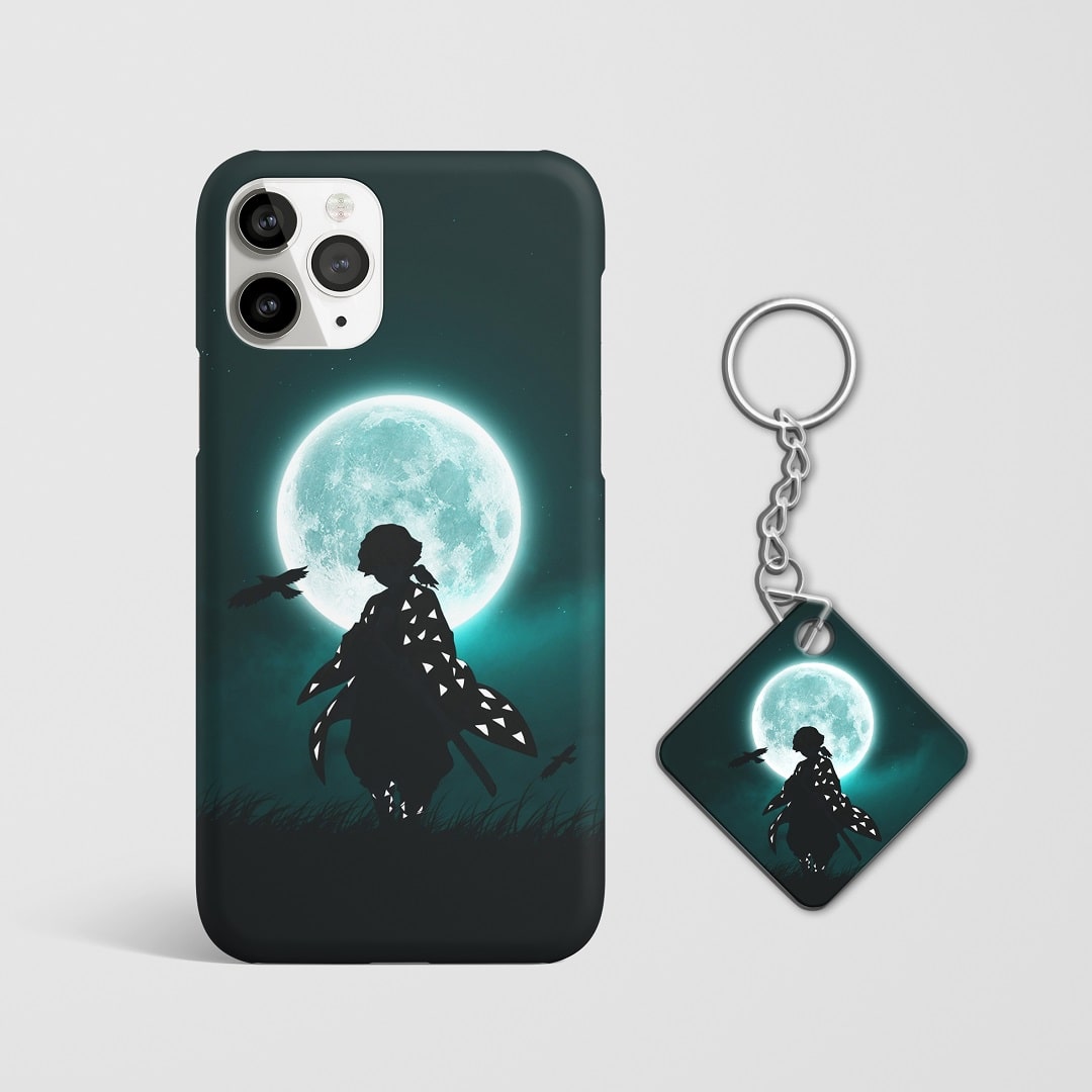 Close-up of Zenitsu Agatsuma’s calm expression with blue moon background on phone case with Keychain.