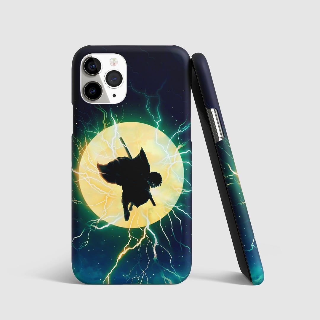 Dynamic artwork of Zenitsu Agatsuma surrounded by lightning on phone cover.