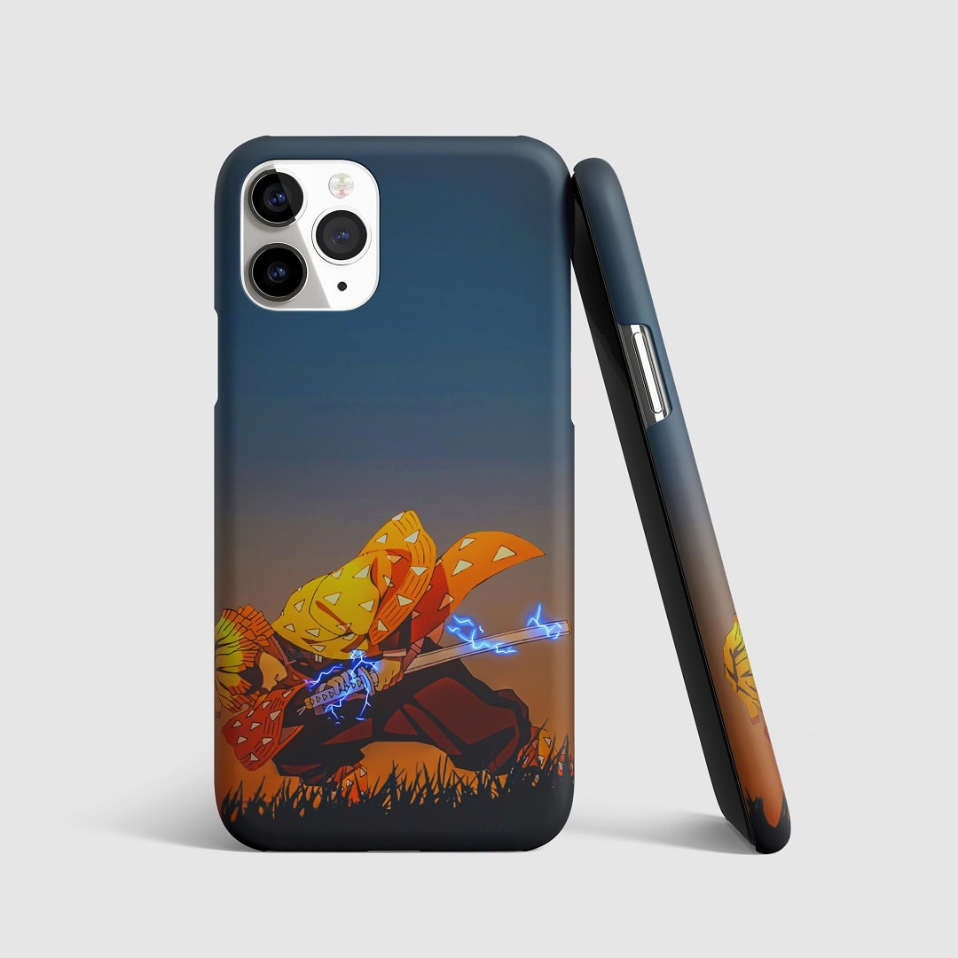 Dynamic artwork of Zenitsu Agatsuma in an intense sword action pose on phone cover.